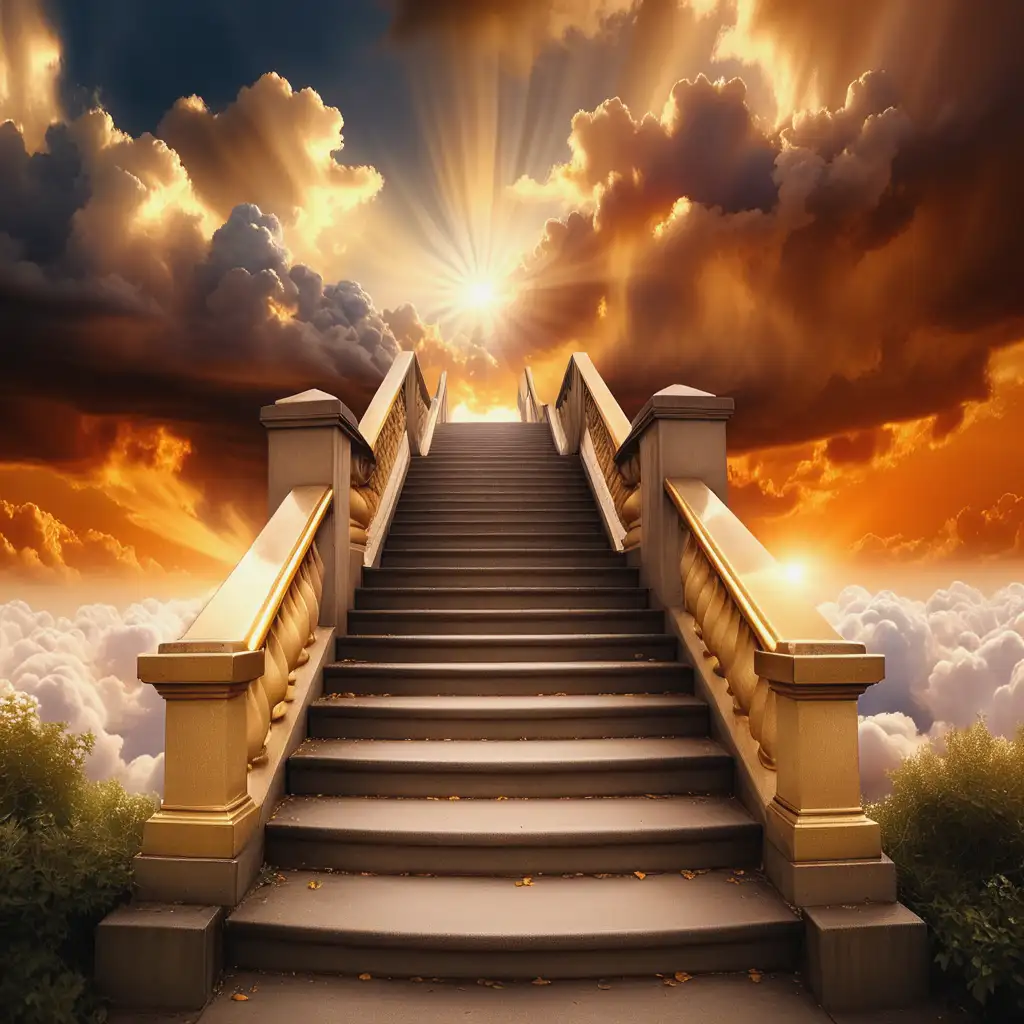 Dreamy Stairway Leading to Heavenly Sunset with Golden Clouds