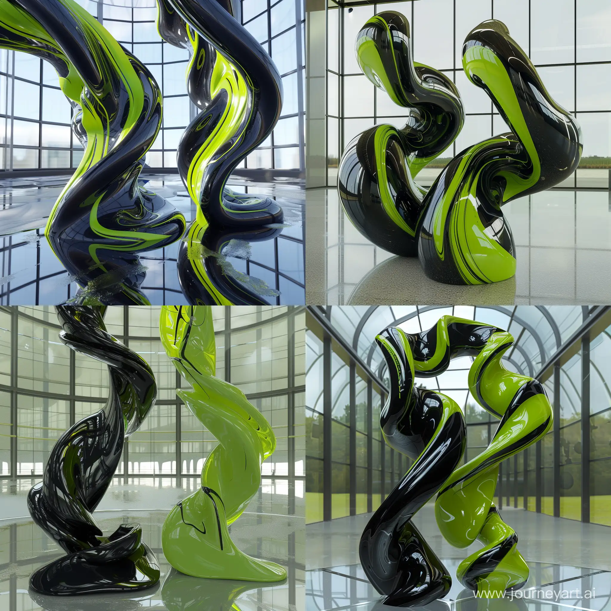 two hyper realistic obsidian glossy liquids of black and lime green paint twisting into each other in a big room made of glass, photo realistic, high resolution, unreal quality