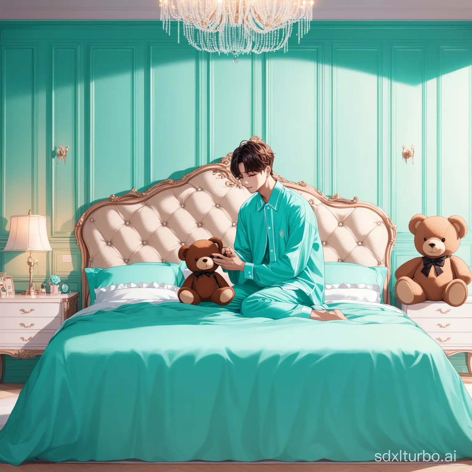 Jung kook play with teddy bear
in bed in a luxury Tiffany blue bedroom