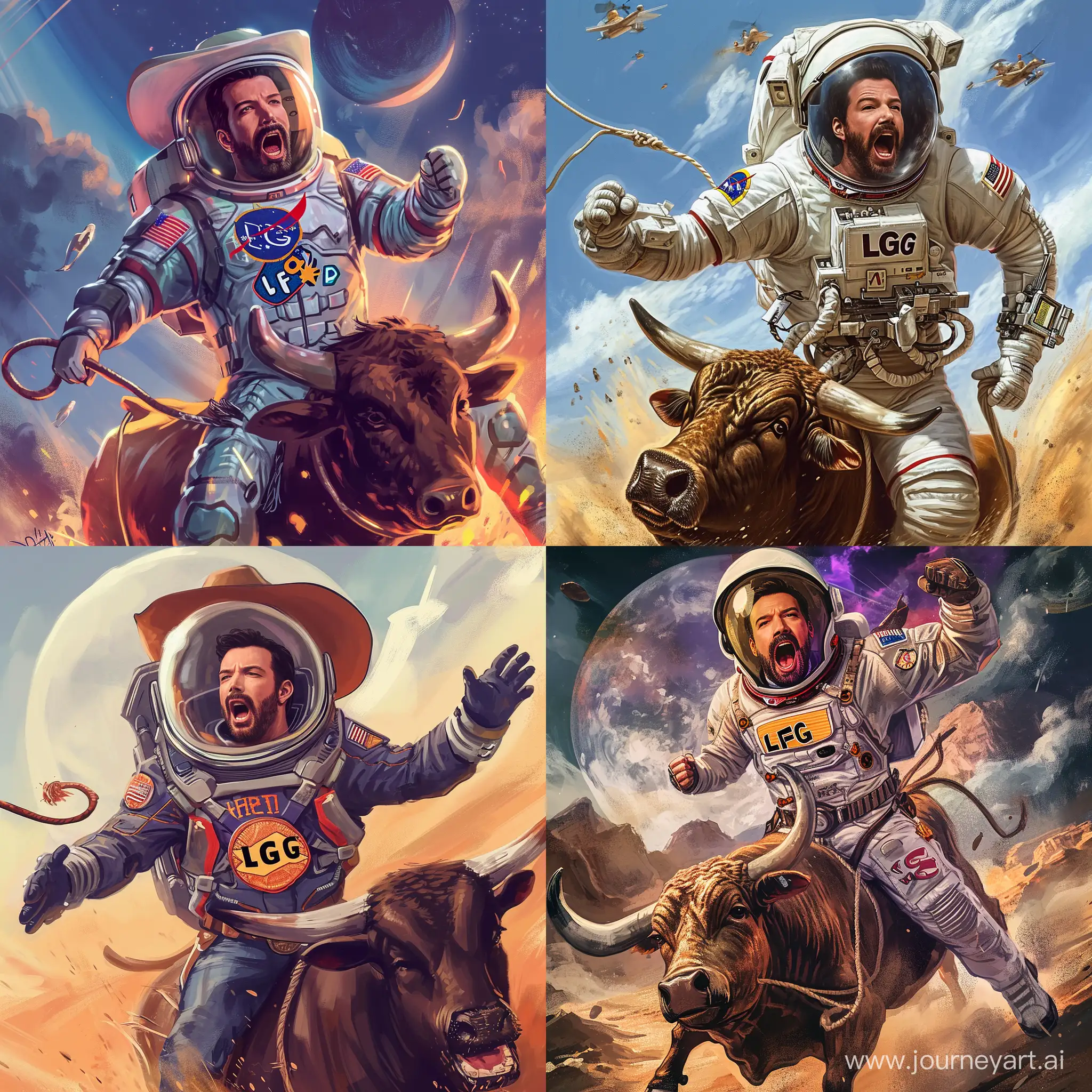 Ben Affleck dressed as space astronaut, riding a bull, with words "LFG" written on his space suit as a badge, in the style of a 90s nickelodeon cartoon, cowboy hat, and screaming " meme TF out of me"