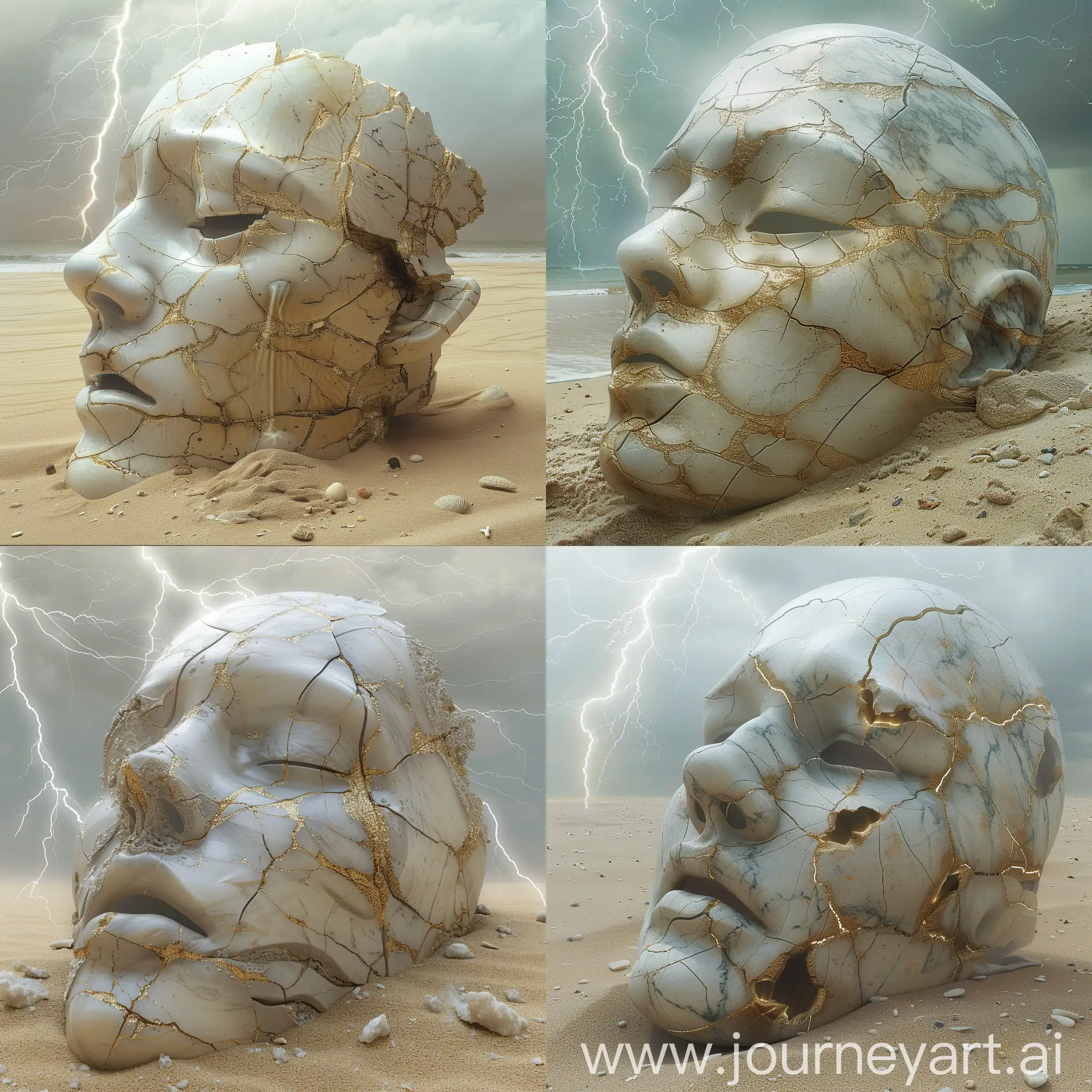 A hyperrealistic highly detailed profile image of crumbled marble mask, half burried in the sand, of a crumbled, very cracked human face, with a large number of deep golden veins and white effervescences,  lying sideways on a sandy beach. High key lightning, distant view