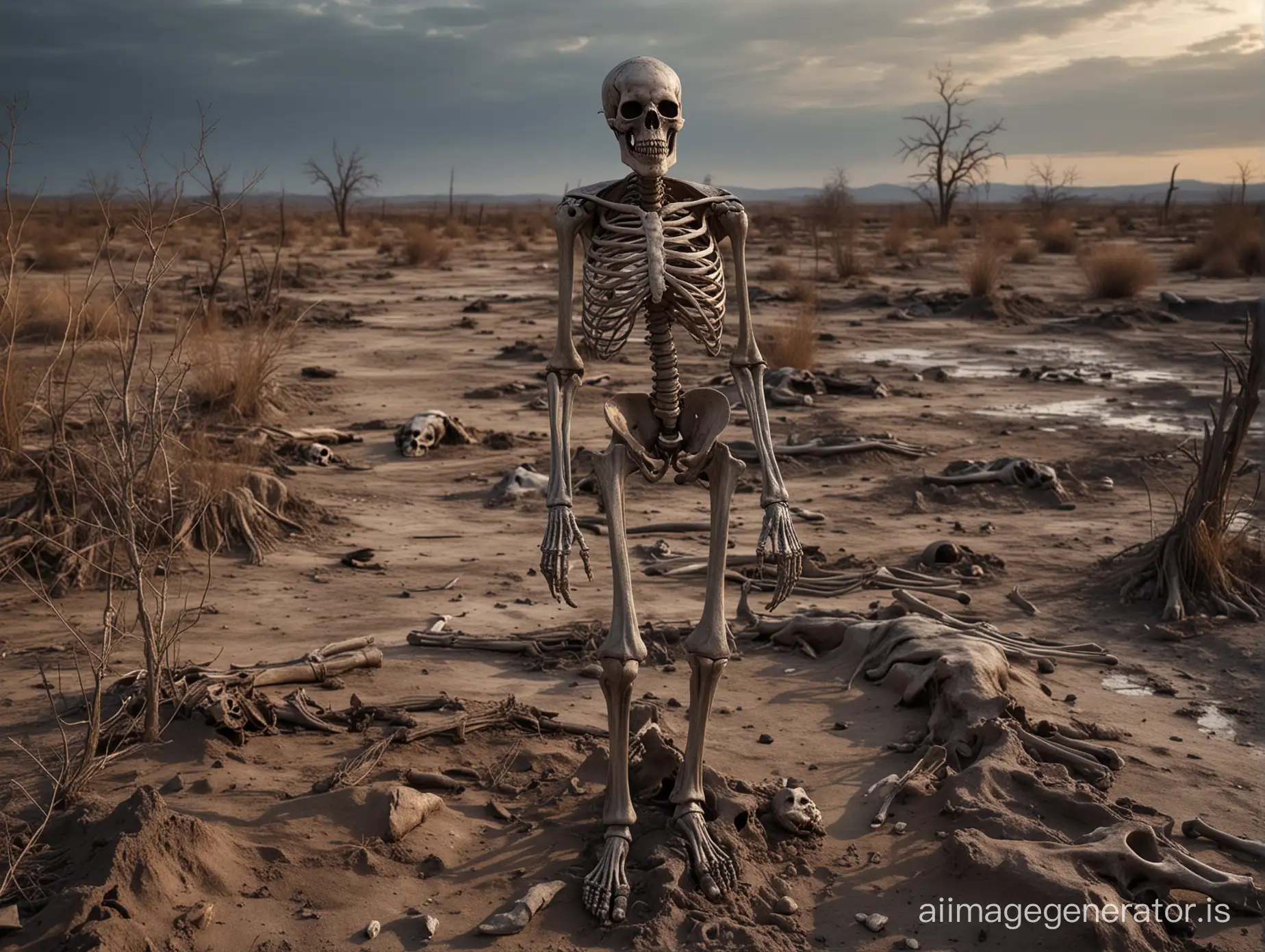 Photography, the undead with rotting skin and skeleton exposed, standing in a dead land, depicted in full height, in the evening, realistic, detail, masterpiece,