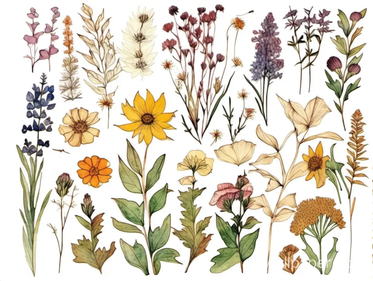 illustration, Pressed Flowers, Boho Wildflowers Cottagecore ,  Vintage Botanical , watercolor Floral Nature, Garden Lover, sticker art