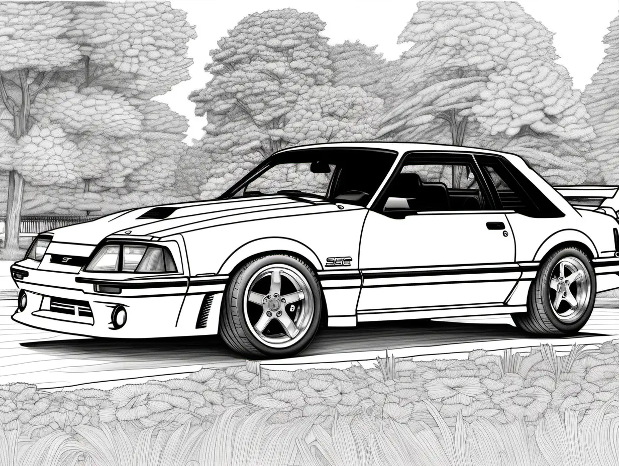 coloring page for adults, 1988 Ford Mustang Saleen SSC, high detail, no shade