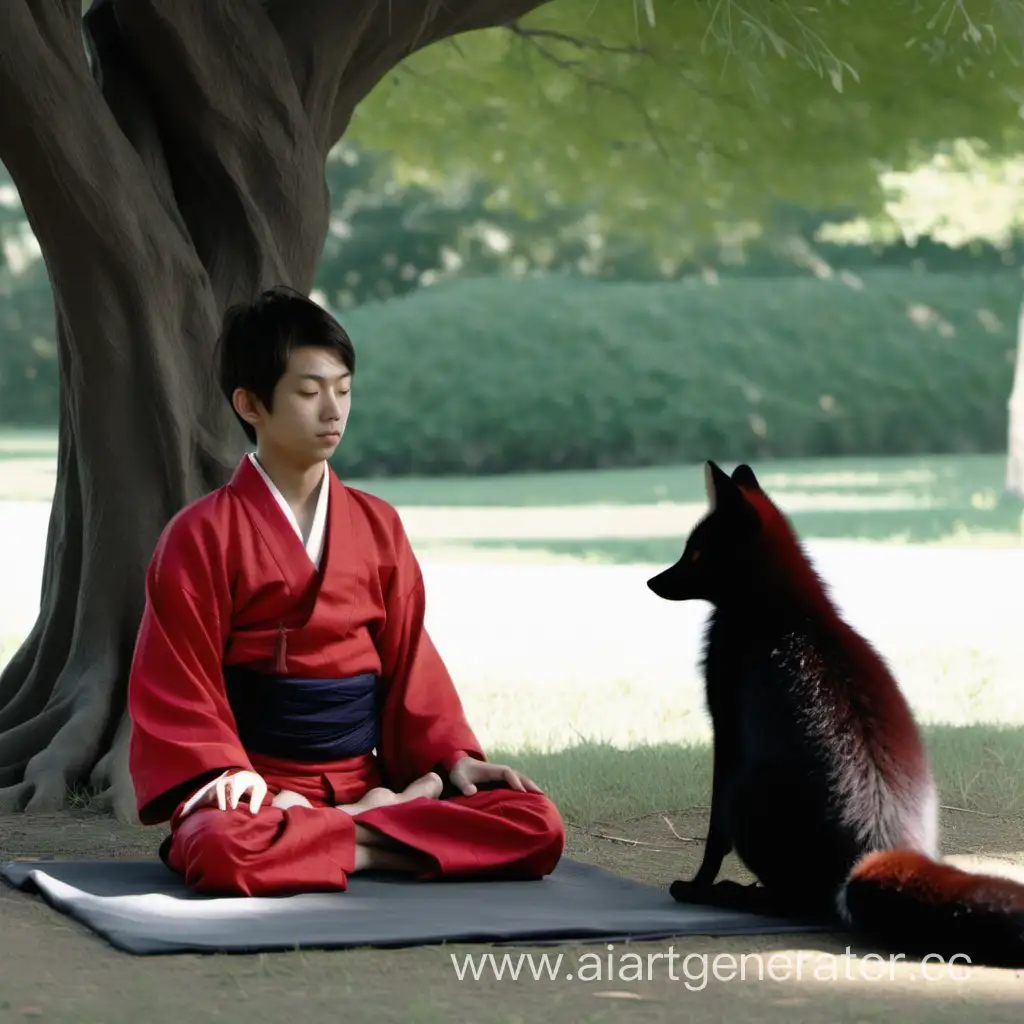 Юноша сидит под деревом в позе лотоса и медетирует, одет в черно-красное кимоно. Справа рядом с ним сидит чёрная лиса, а слева подходит рыжая