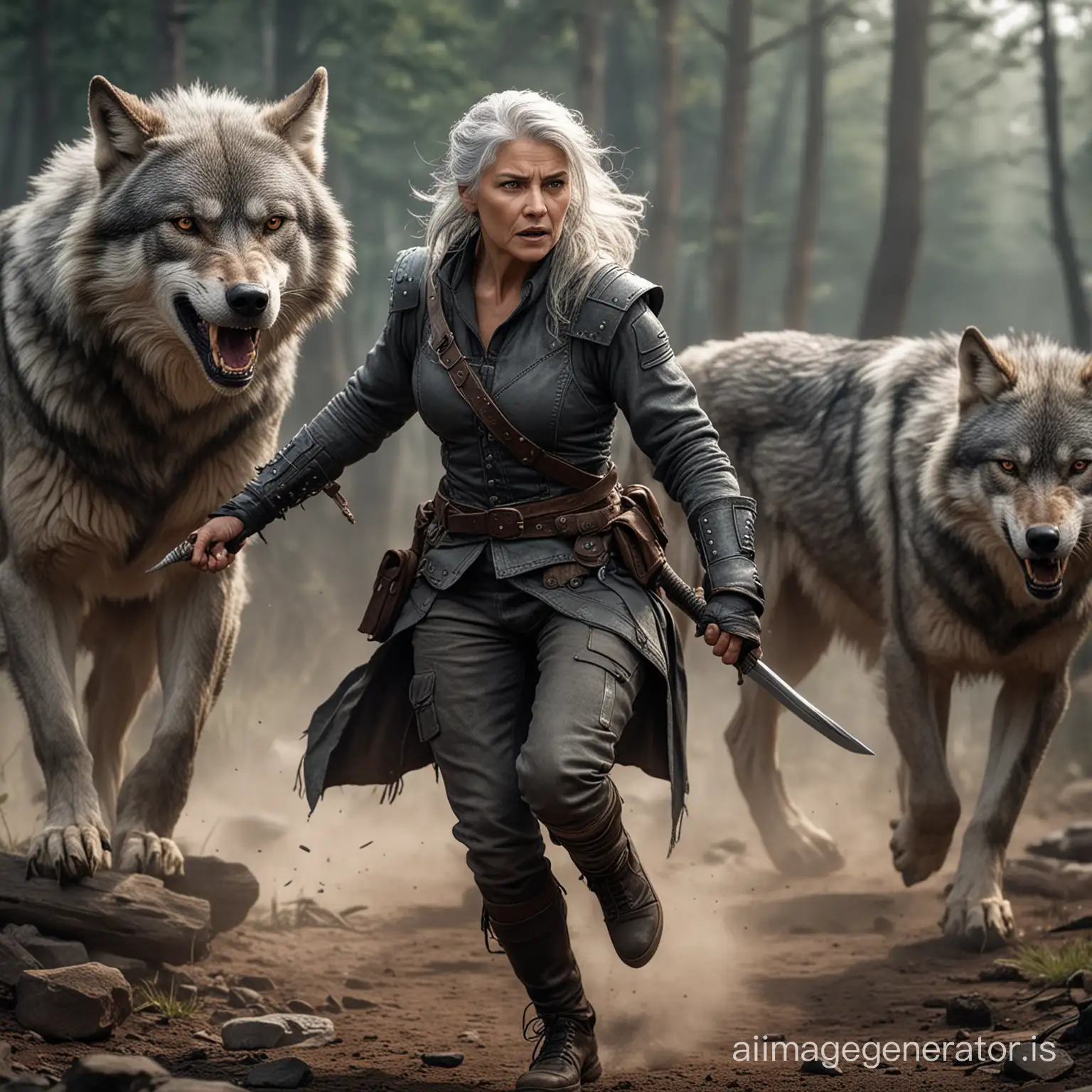 a grey haired older  She Wolf warrior ready to fight. Defending her friends and beating down her enemies
