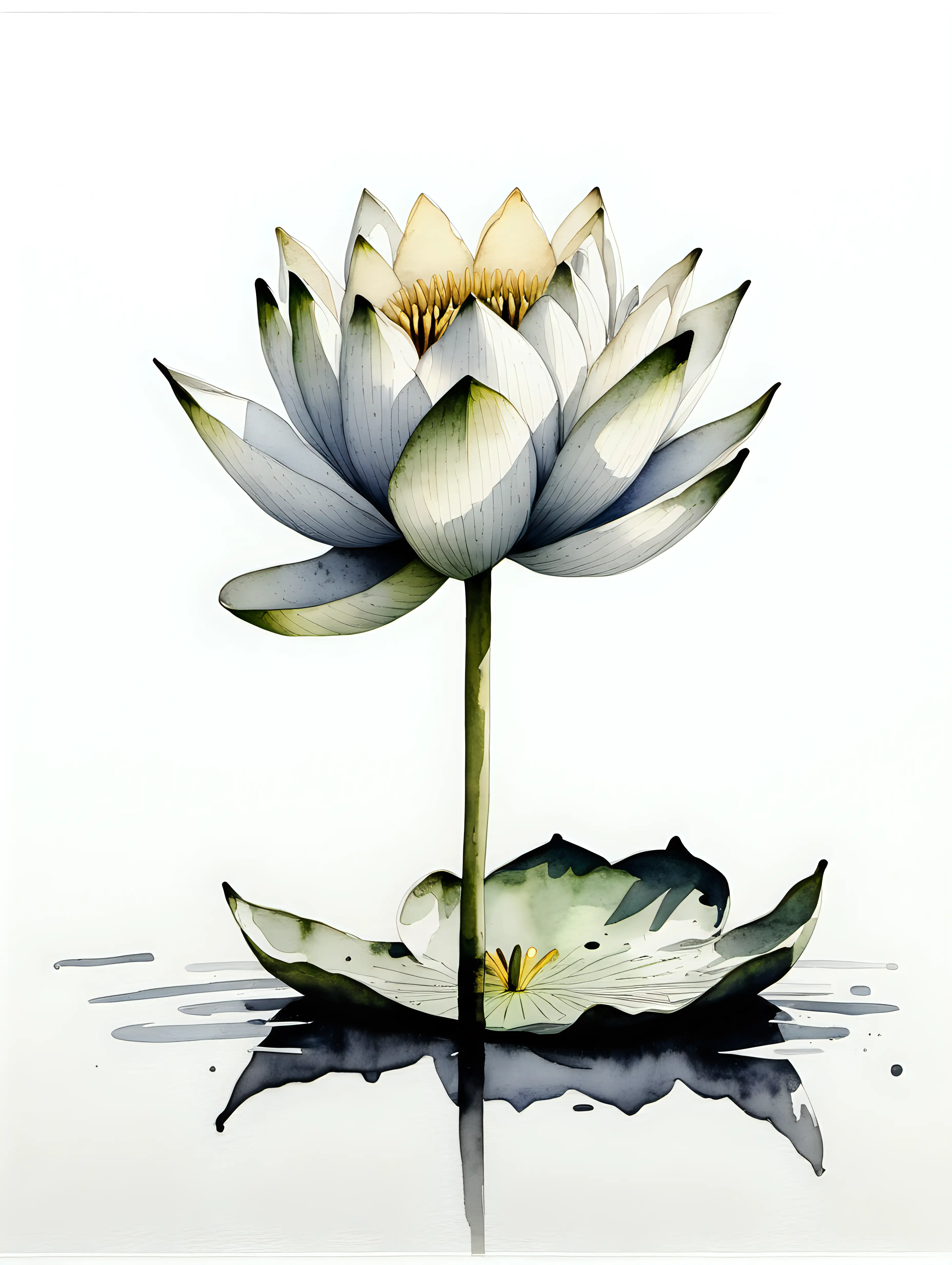 Elegant Minimalist Watercolor Painting Unstemmed Water Lily in Black Ink