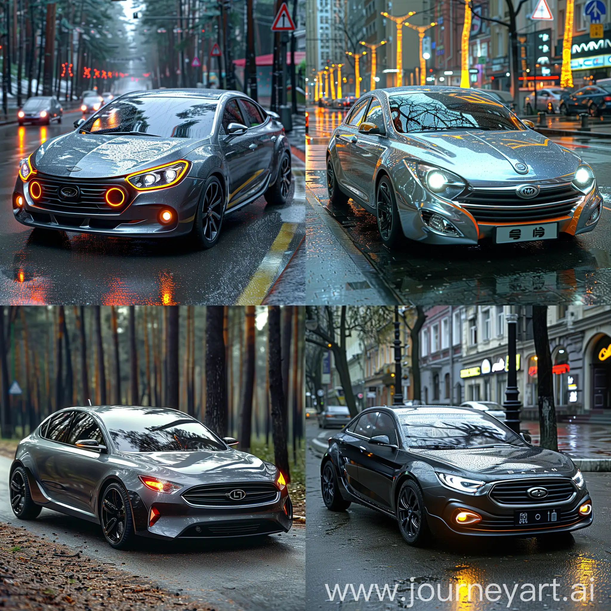 Futuristic LADA Vesta https://upload.wikimedia.org/wikipedia/commons/thumb/8/85/Lada_Vesta_%28cropped%29.jpg/280px-Lada_Vesta_%28cropped%29.jpg:: Autonomous Driving: Ad, Augmented Reality Windshield, Biometric Sensors, Advanced Connectivity, AI Virtual Assistant, Gesture Control, Advanced Safety Features, Energy-Efficient Powertrain, Dynamic Exterior Lighting:: innovative futurism, octane render --stylize 1000