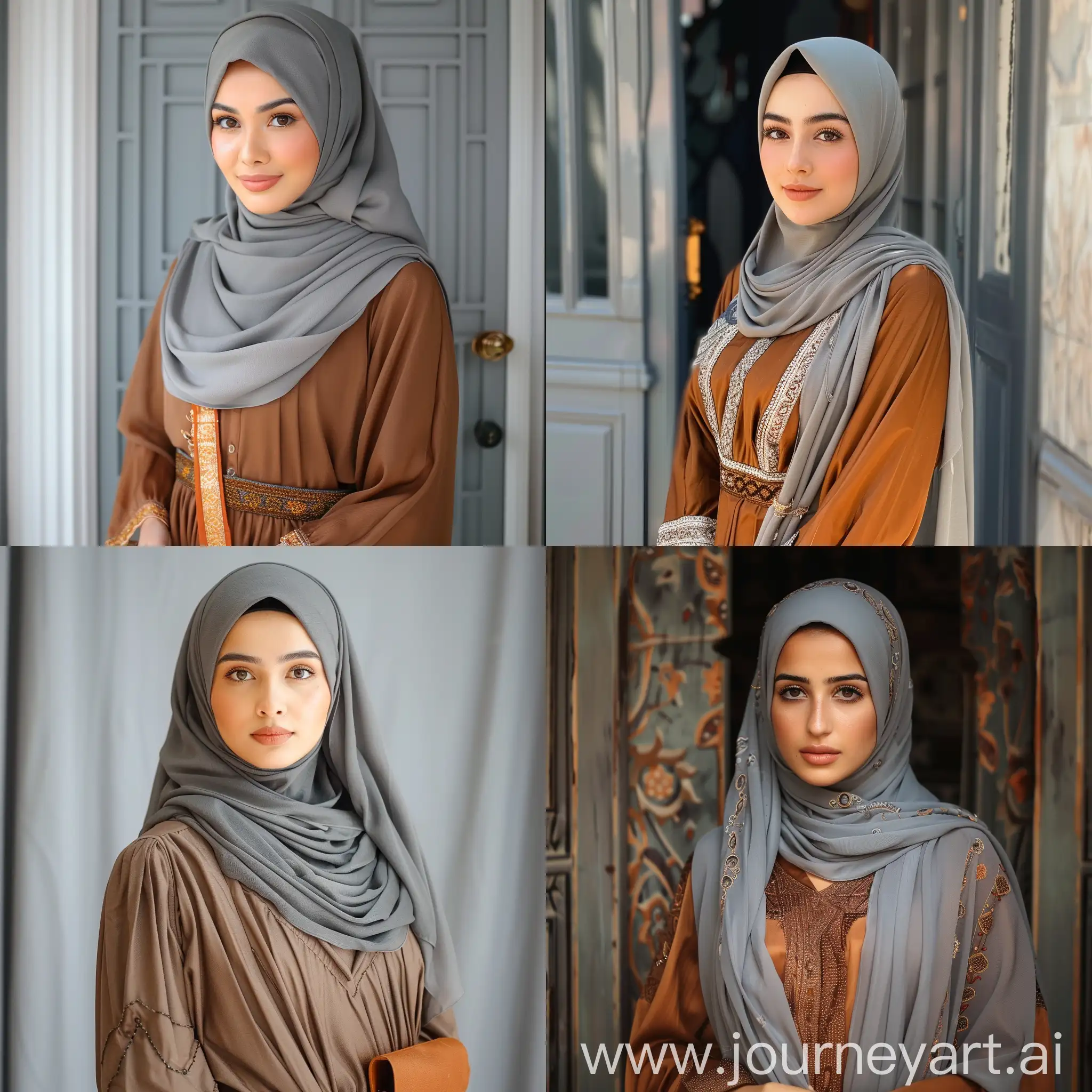 Muslim-Woman-in-Gray-Hijab-and-Syari-Dress