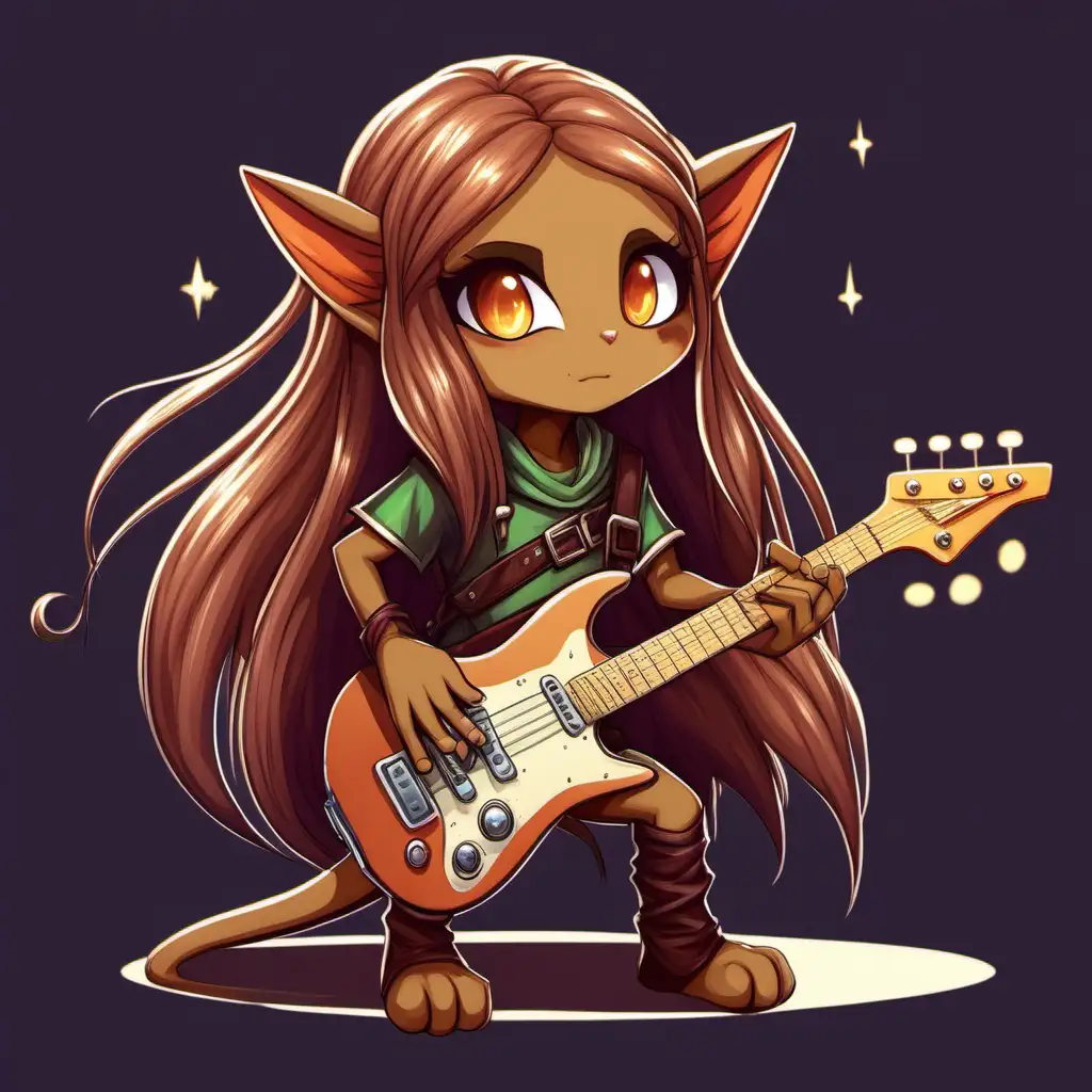 Lutin brun aux cheveux longs, aux yeux de chat type elfe, mignon, qui fait de la guitare électrique