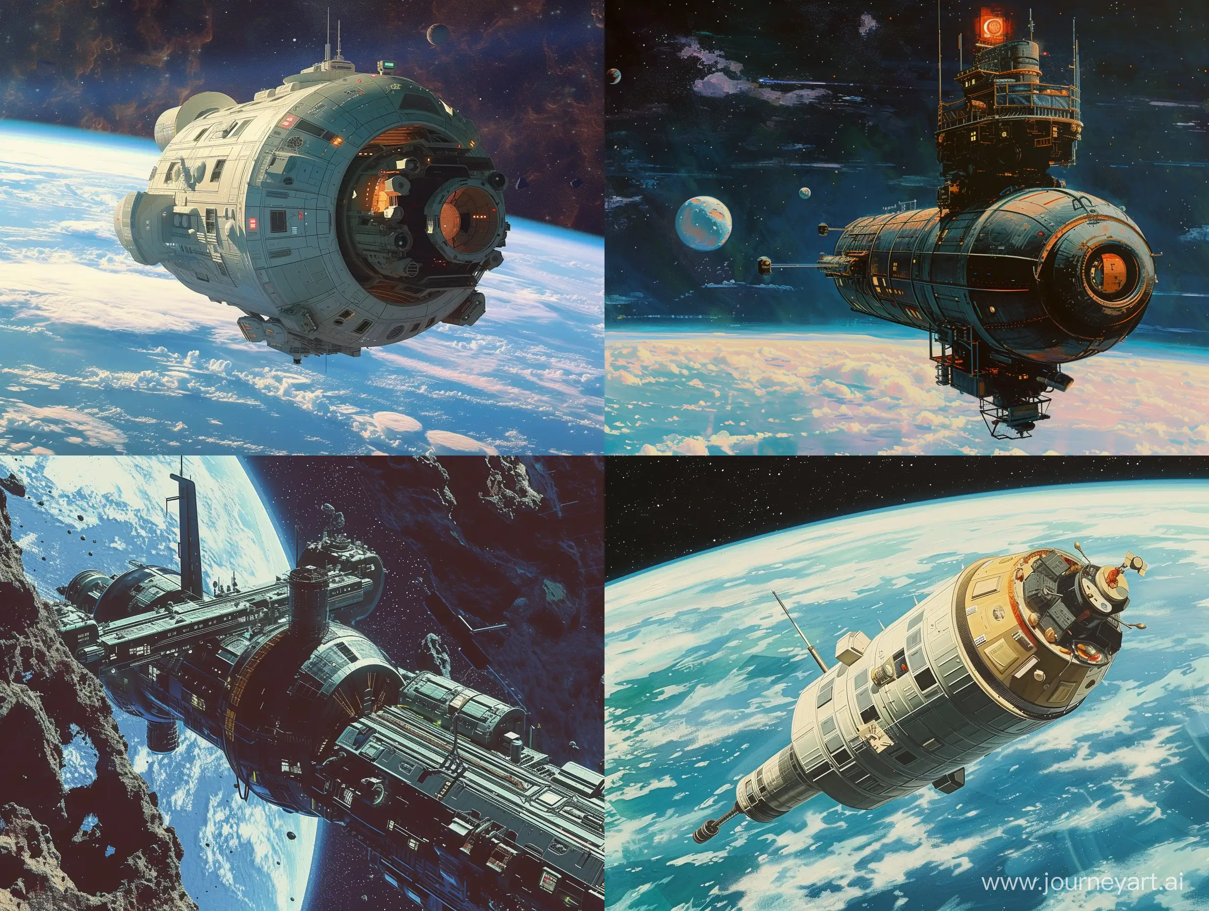 The illustration features a futuristic design with realistic textures and a retro-futuristic aesthetic. It depicts a space station floating in space with a nostalgic 80s and 70s retrofuturism vibe. It is a full view artwork reminiscent of Norman Rockwell's painting.



