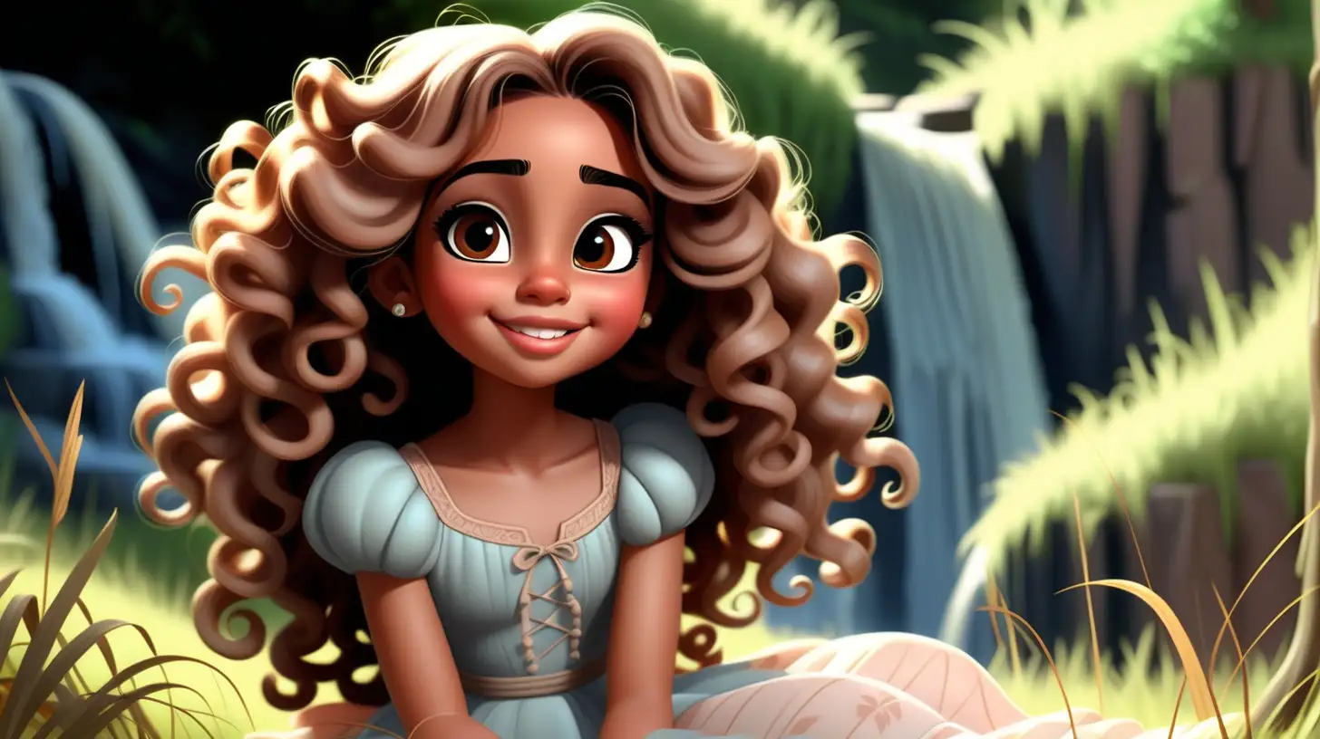 A beautiful  7 year old girl, cute, light brown skin, big hazel eyes long black eyelashes, blush,beautiful lips, round face, sitting in tall grass, 
 waterfall, trees, eyes looking to the left looking up, extremely long brown detailed curly hair, dress, disney style, cartoon character, happy smirk, sun light shining on her face, blue sky, clouds, 