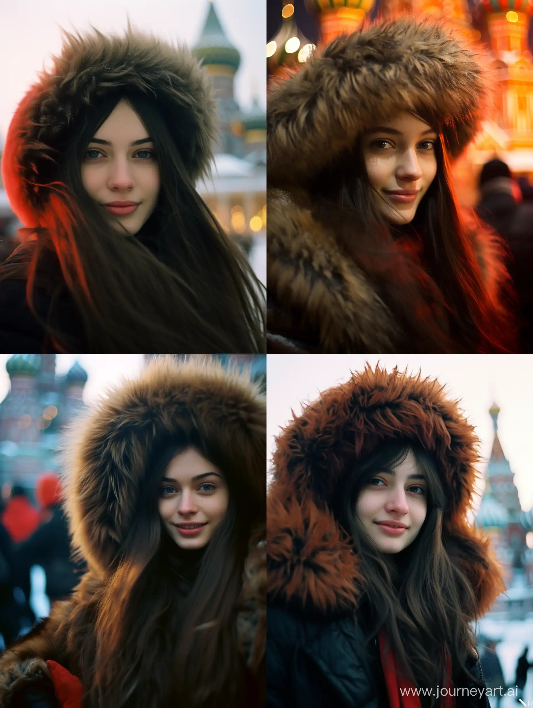 photo 35mm iso 200 scratches and dust chromatic aberration slow shutter speed drippy candid a ((a girl with dark long straight hair up to her chest in a Soviet-era fur hat and mink fur coat on Red Square in Moscow in a snowy winter, it's snowing, the Kremlin, Volga car))