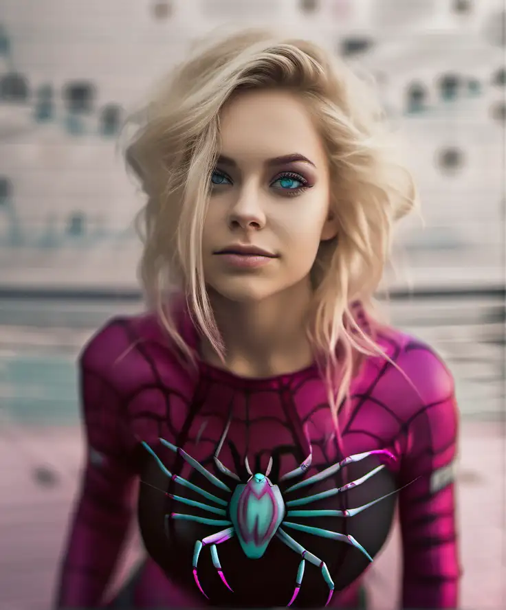 Beautiful Nordic woman, very attractive face, detailed eyes, big breasts, dark eye shadow, messy blonde hair, wearing a white pink and teal skintight spider mutant cosplay costume, close up, bokeh background, soft light on face, rim lighting, facing away from camera, looking back over her shoulder, standing in front of the city, photorealistic, very high detail, extra wide photo, full body photo, aerial photo, 7 year