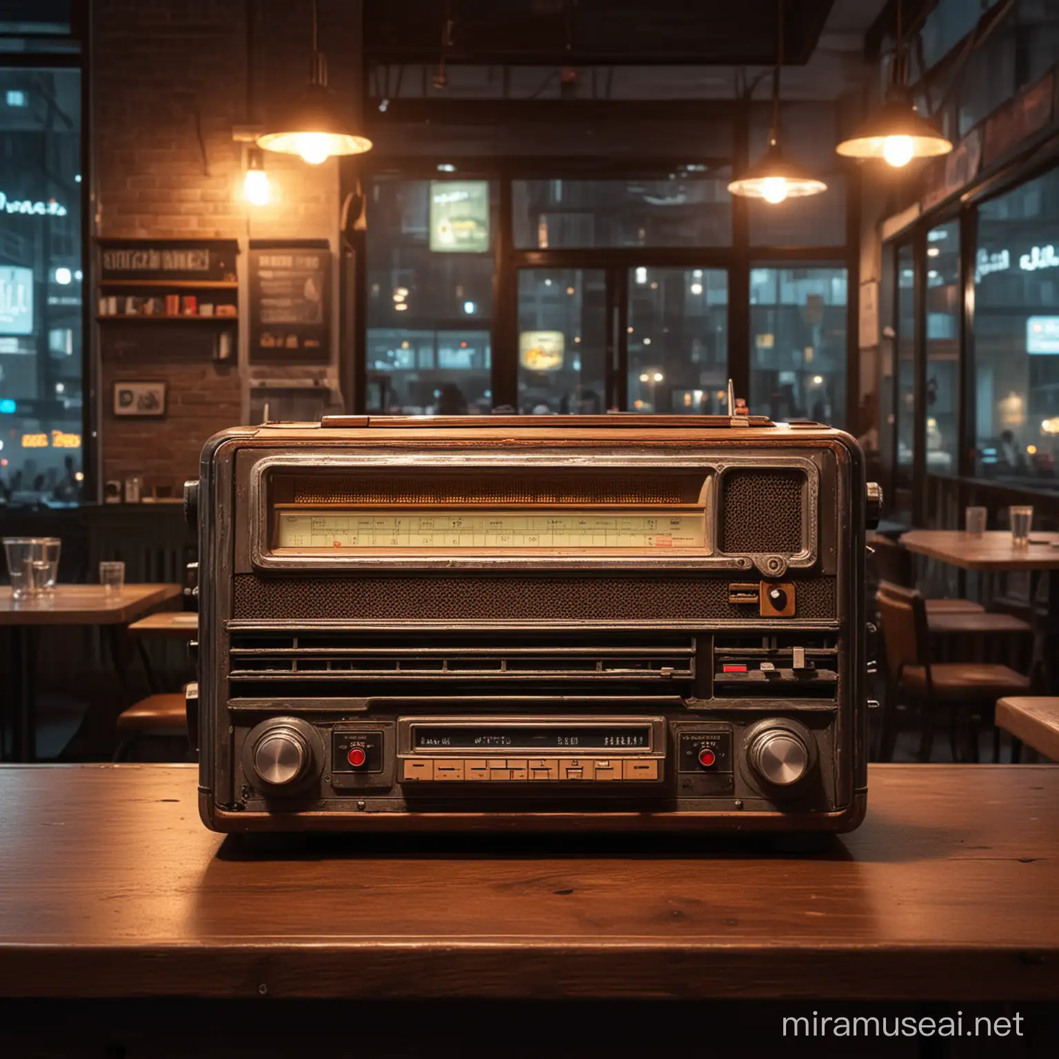 A vintage radio in a cafe in a cyberpunk night city