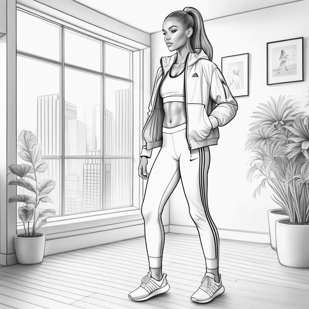 Athleisure Coloring Page Woman in Stylish Workout Gear and Sneakers