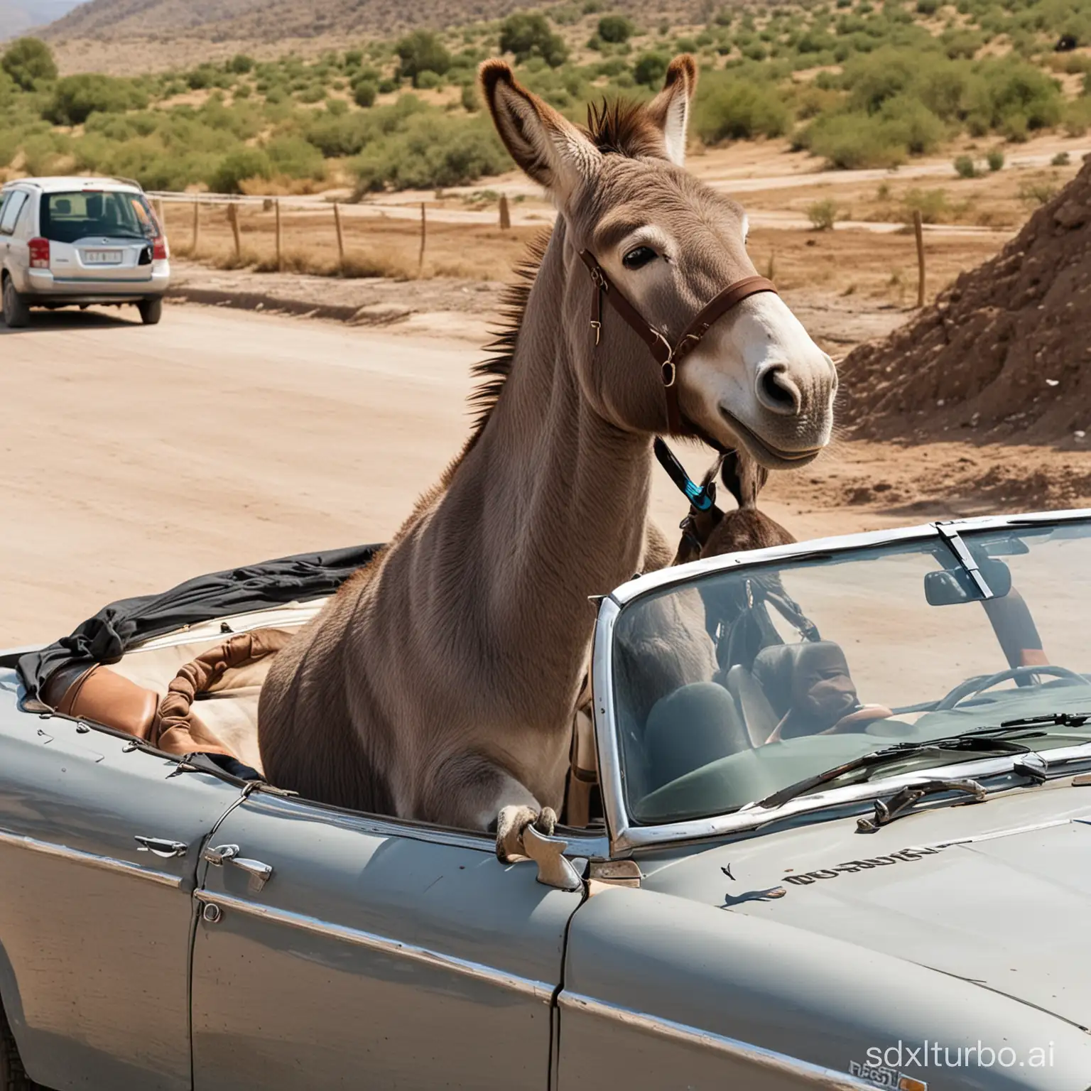 A donkey driving a car