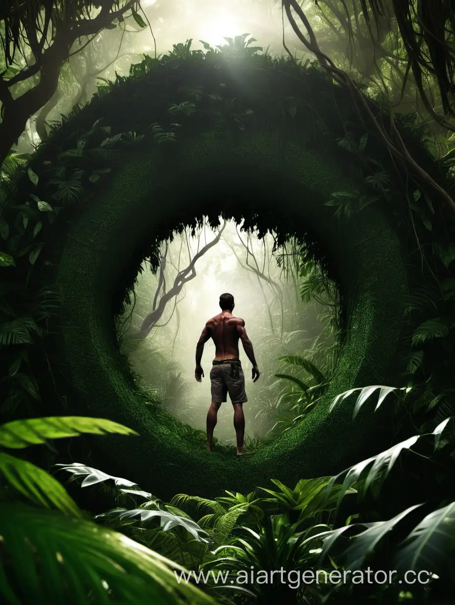мужчина выходит из портала в мир джунглей 