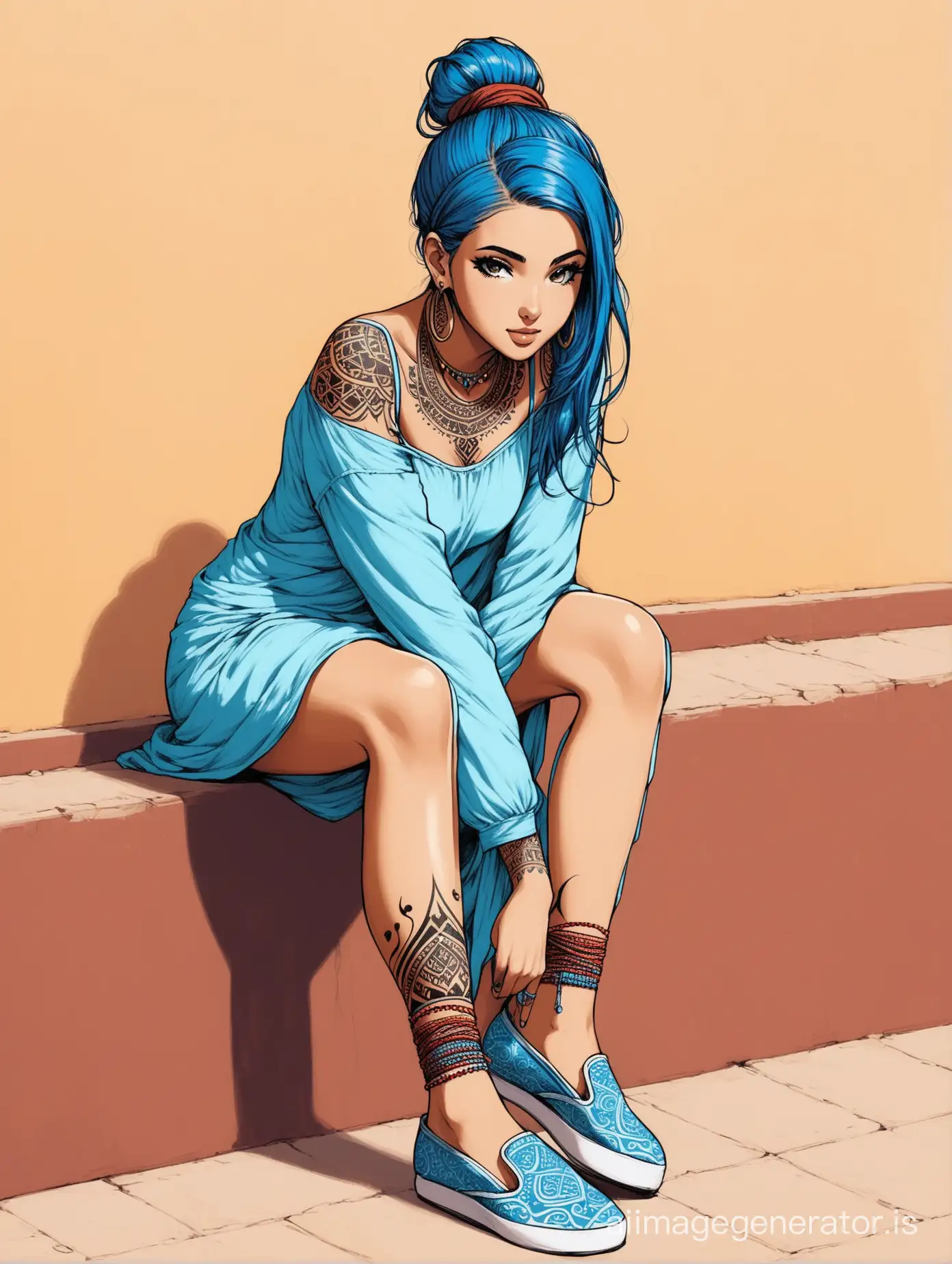 Bohemian-Gypsy-Girl-with-Blue-Hair-and-Arabian-Tattoo-Wearing-SlipOns-Pumps-Shoes