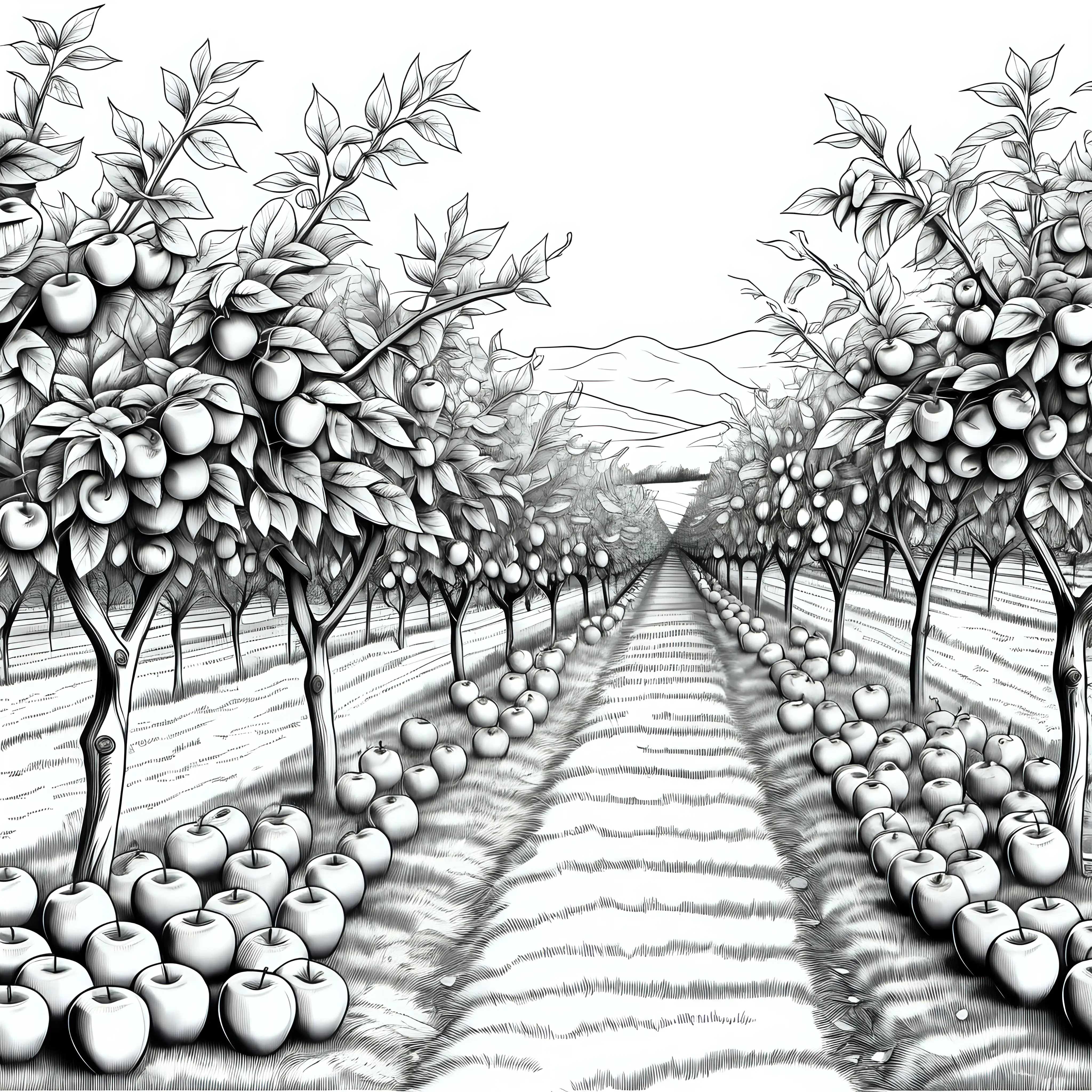 Vibrant Realistic Apple Orchard Coloring Page for Relaxation and Creativity