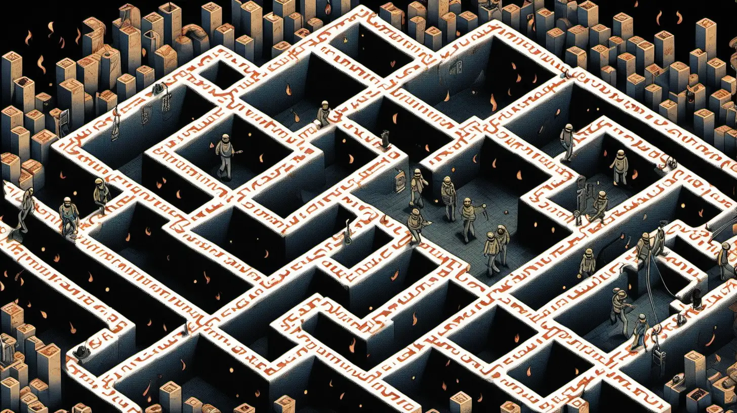 A maze of firewalls and security protocols, with a lone hacker navigating through layers of defense to breach a system.