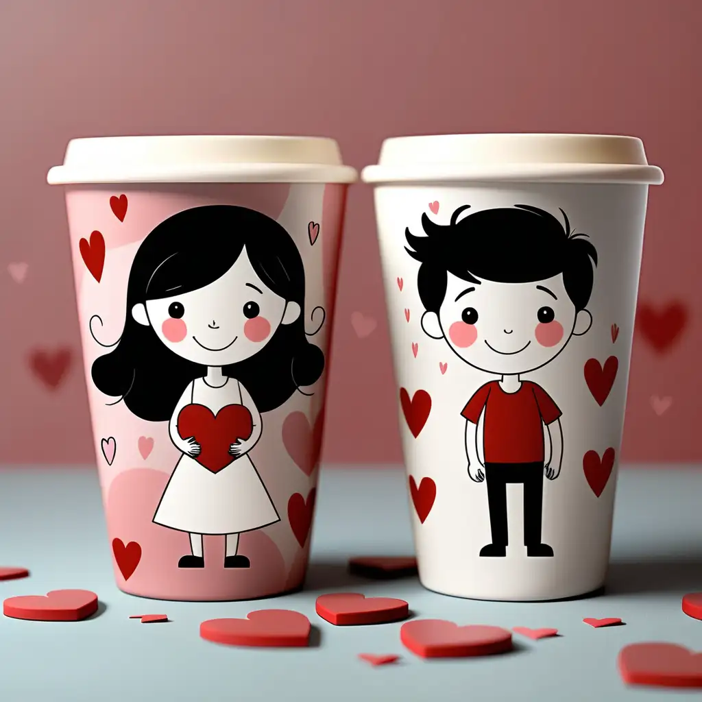 two Valentines day cups with cute and happy matching couple of girl and boy drawn on each.