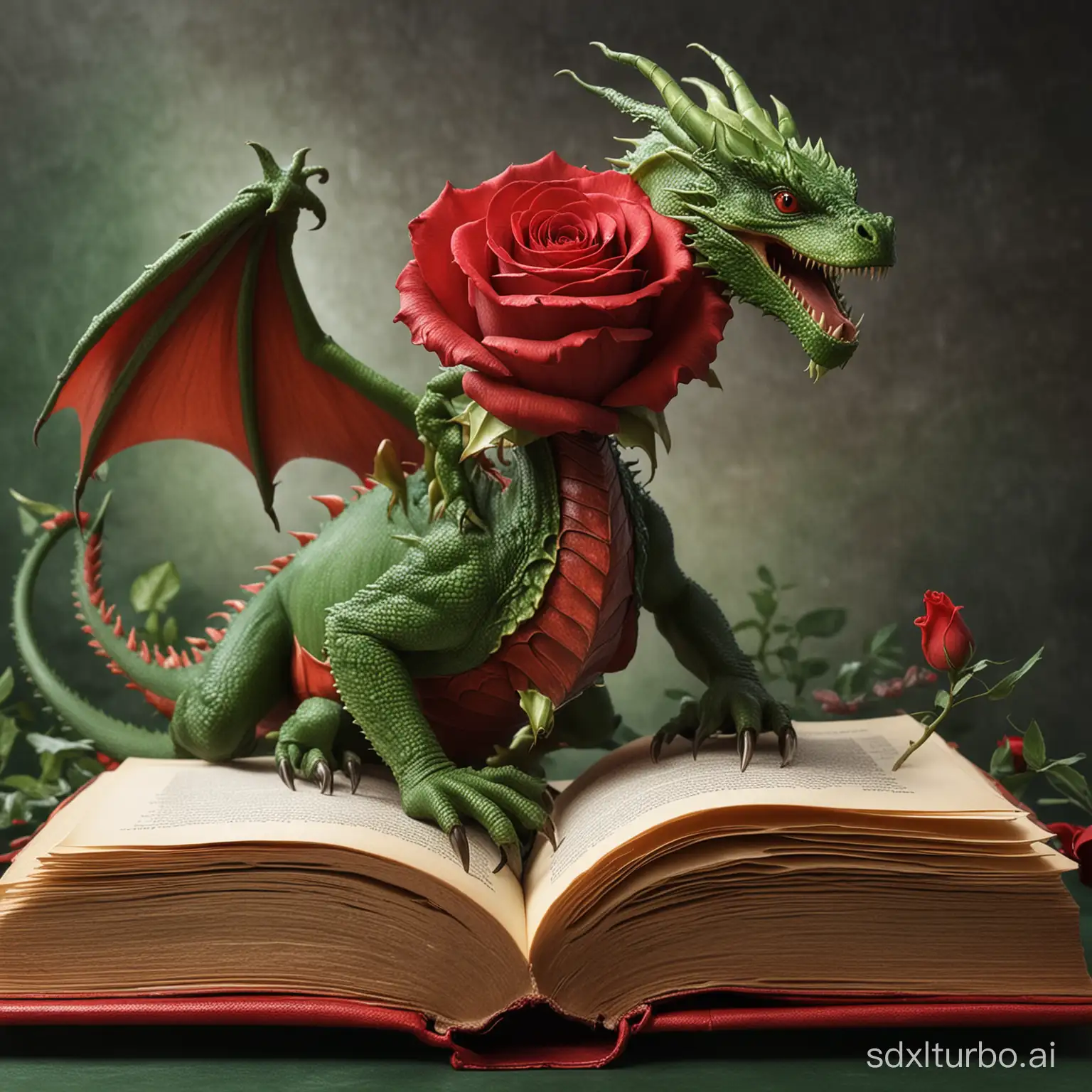el nacimiento de un libro dentro de una rosa roja junto a un dragon verde de mirada cariñosa