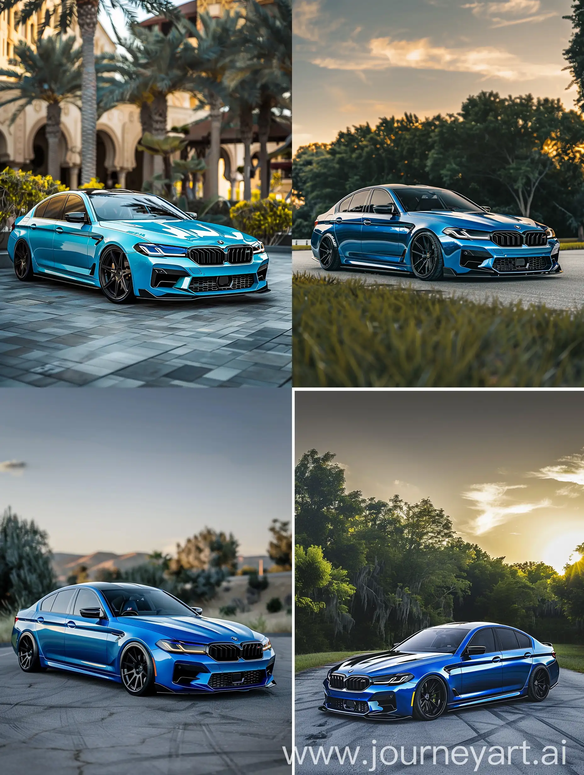 Customized-BMW-M5-2022-with-Unique-Blue-and-Black-Livery-in-Summer-Setting