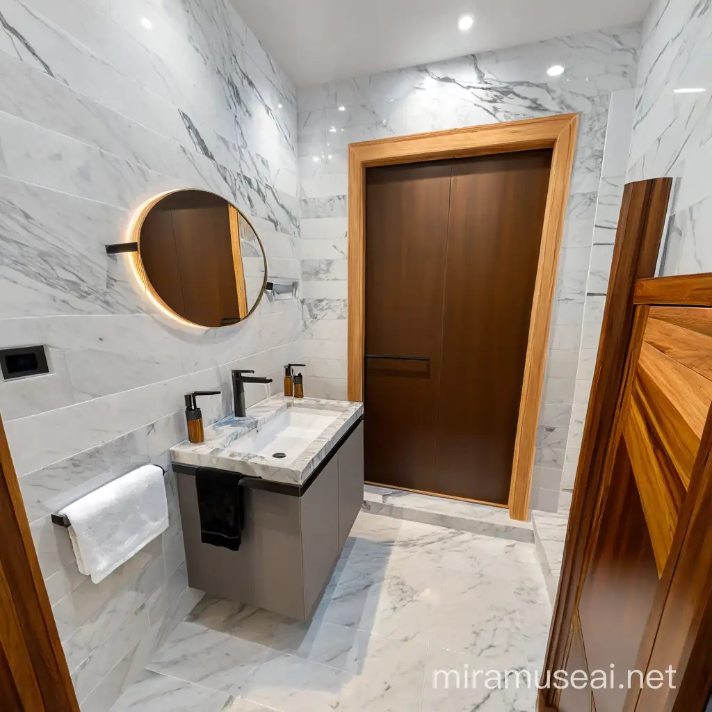 refais le design de cette salle de bain  pour qu'elle soit plus spacieuse de facon moderne avec marbre sport bois 