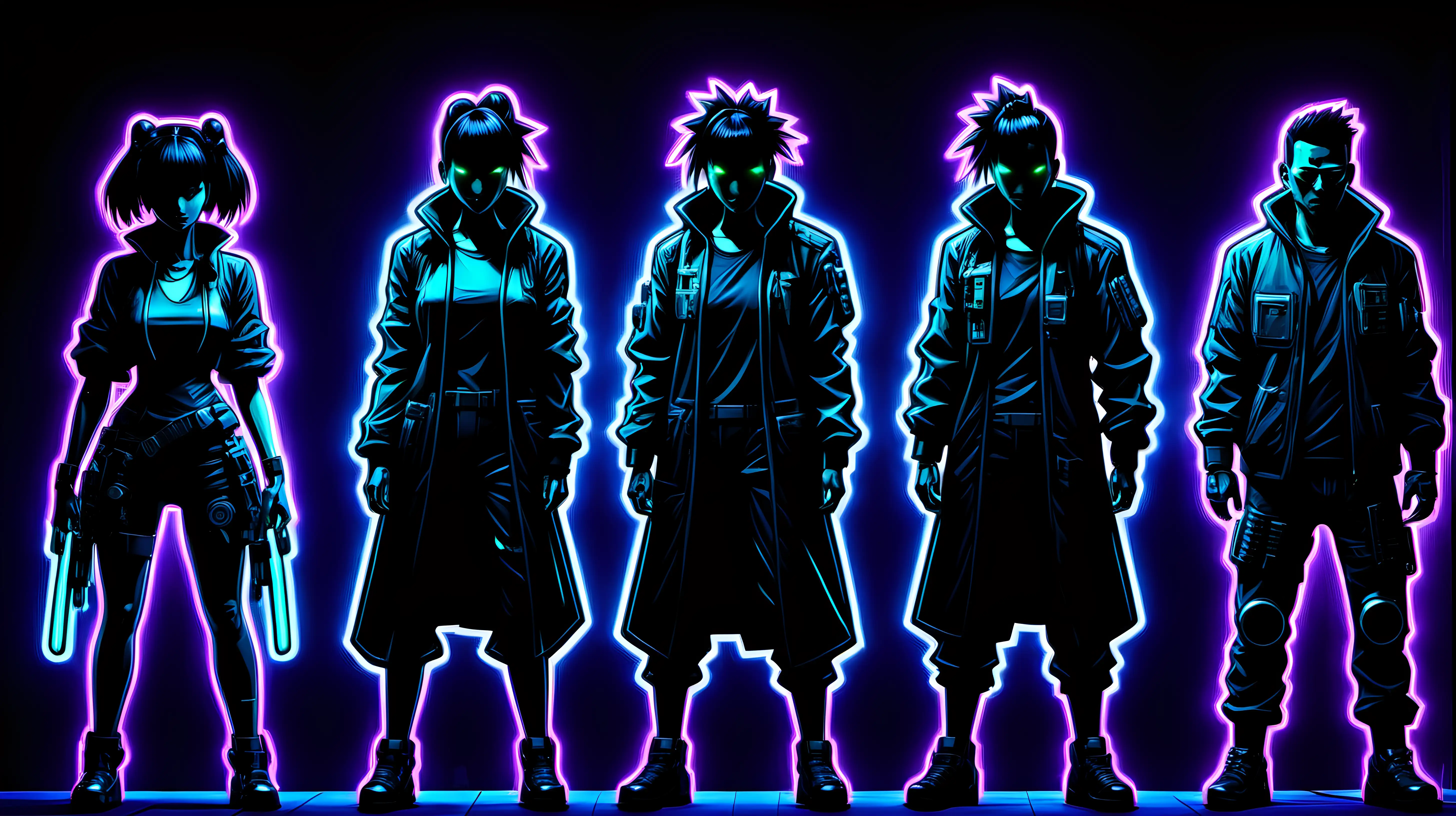 Japanese cyberpunk neon character silhouettes
