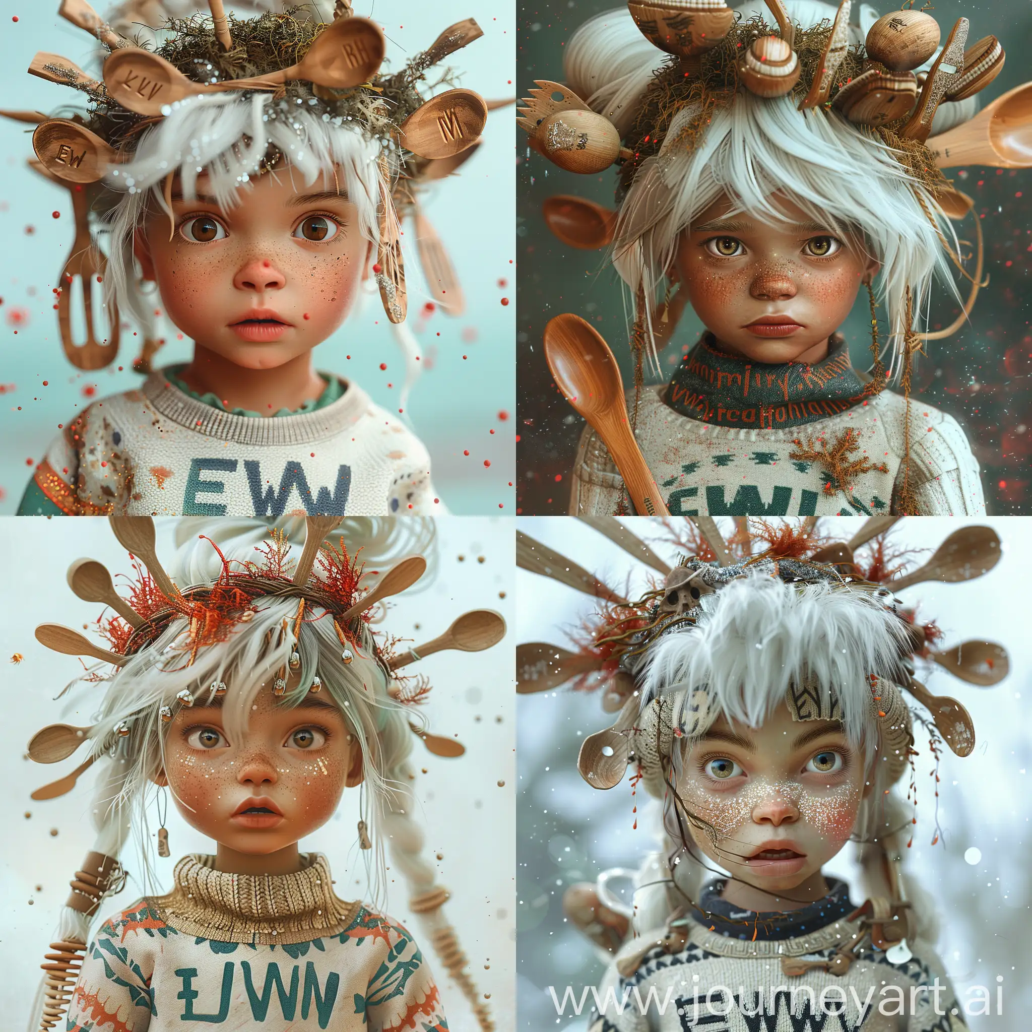 closeup of  a cute little girl with white hair and a sweater with the insription "EWW"  , wears a headgear made of wooden spoons,   particles, ultra realistic, bohemian fashion, high detail, sharp focus, vermillion  and kelp, amazing detail digital art