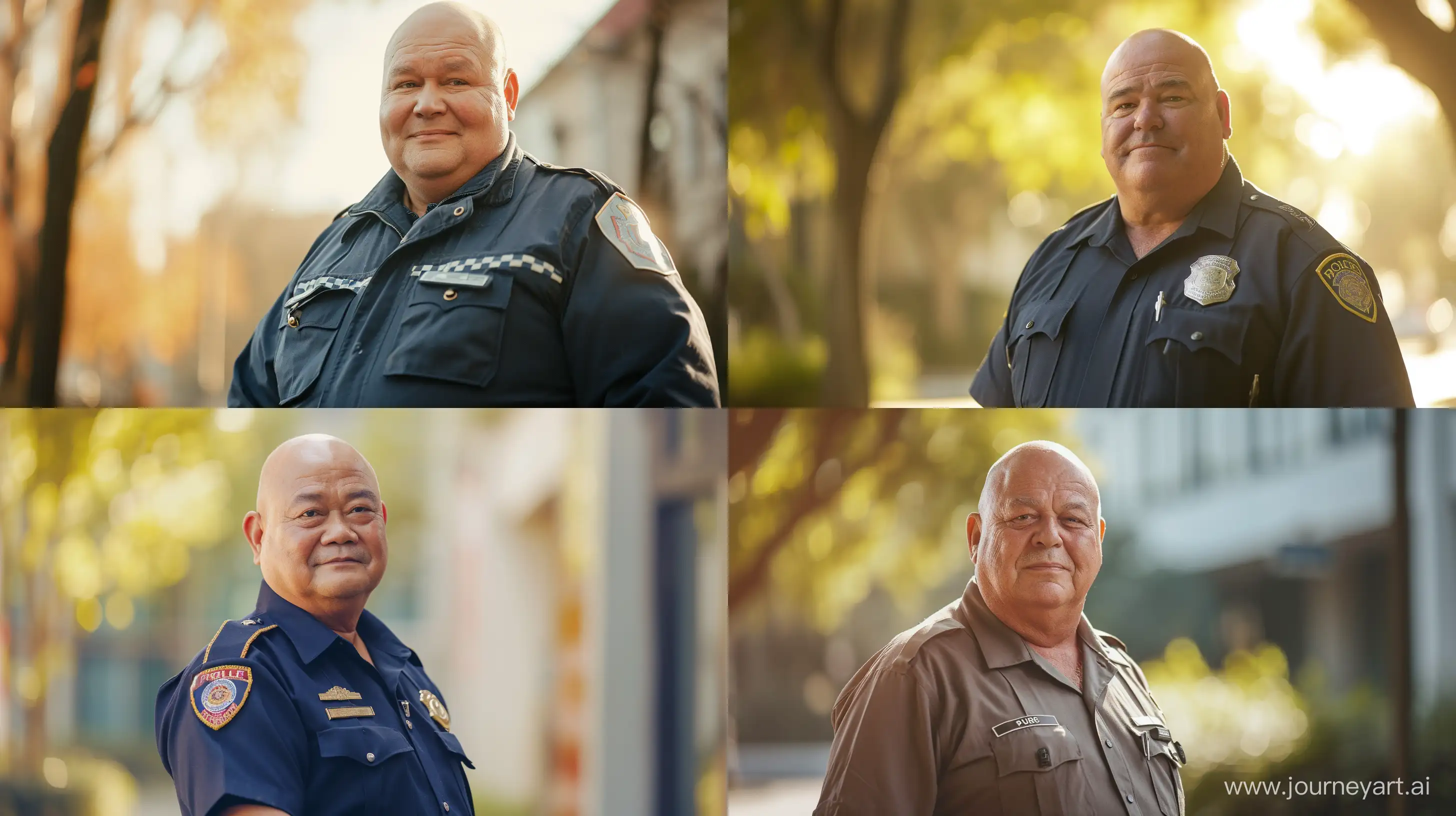 photo of a chubby man aged 70. He is  wearing a slightly shiny police office uniform. Natural Light. Clean shaven. Bald. Outside. Full body visible. High-quality. --ar 16:9 --v 6
