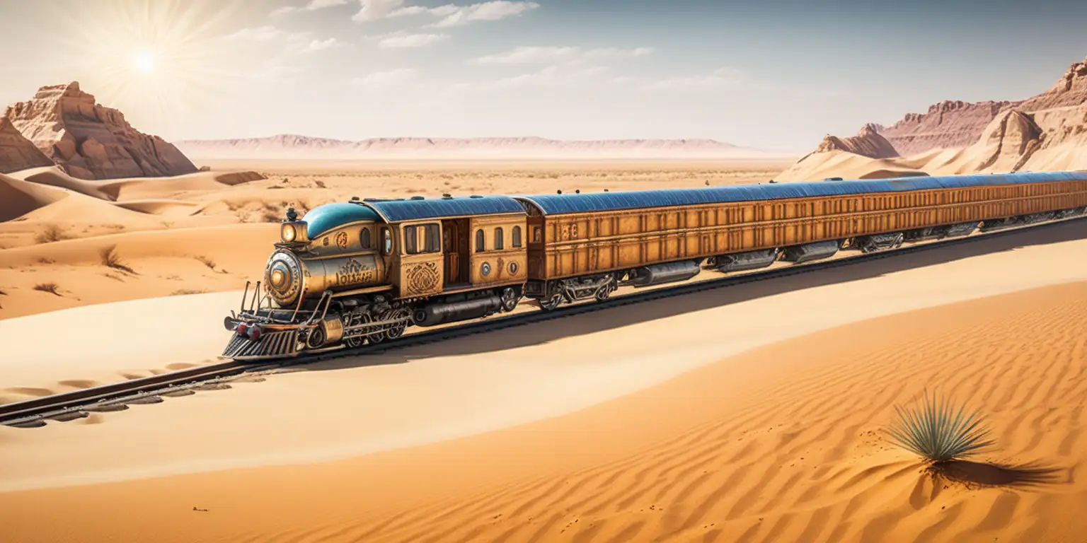 sand Desert with a single train track running through it and a solar punk train