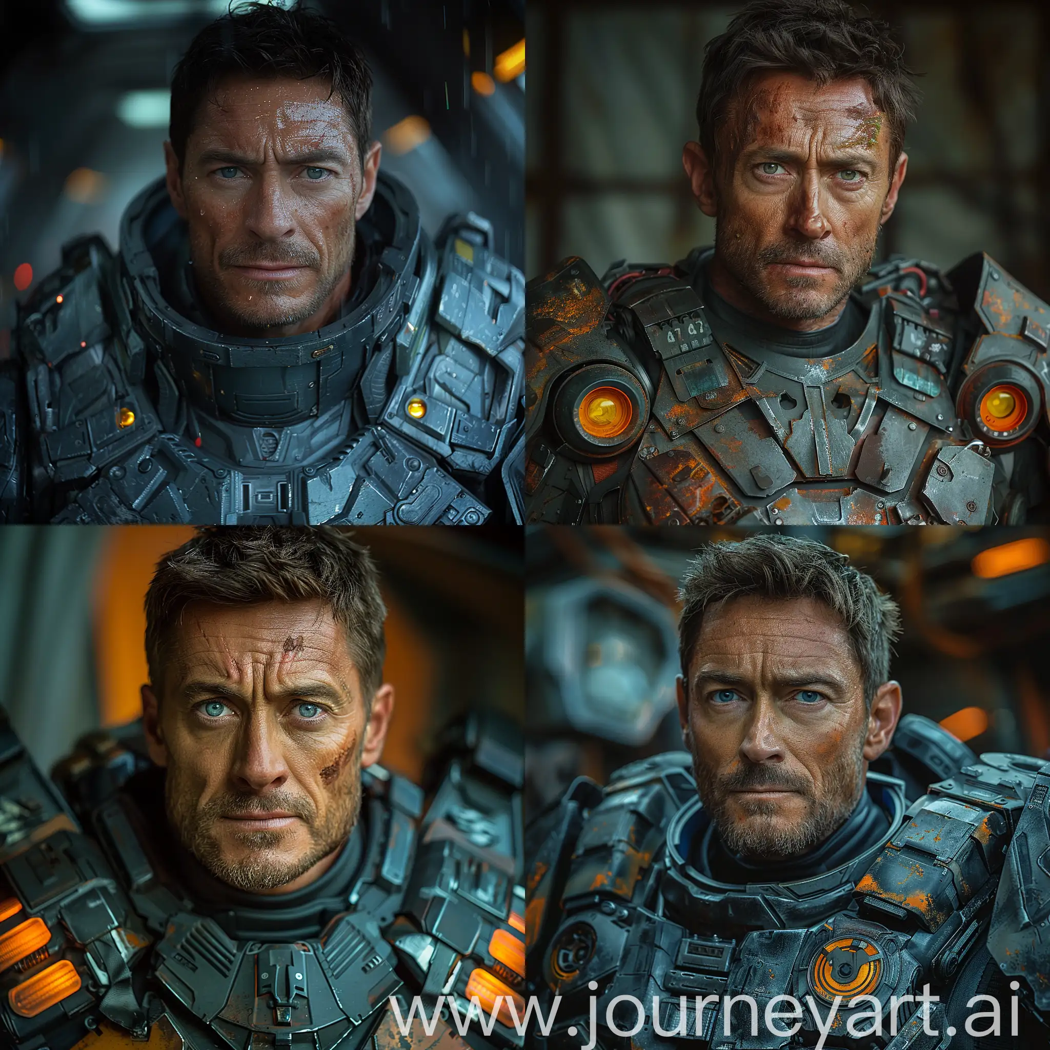 cinematic film still  hugh jackman as hugh jackman, wearing mech armor, shallow depth of field, vignette, highly detailed, high budget Hollywood film, cinemascope, moody, epic, gorgeous, --style raw --stylize 750