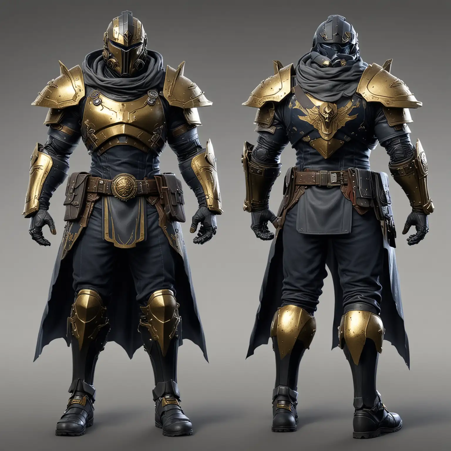 Generate two high-quality images of a character in a front pose and a back pose, ensuring that both poses match each other in terms of positioning and details. The character is a veteran of war in the 'Helldivers 2' universe, with a skinny-build body type and a futuristic style. The character is a ninja-themed Helldiver, wearing intricately carved gold, black, and navy blue colored armor with scratches and armor damage, reminiscent of a Warhammer 40k art style mixed with a Fortnite skin.

The character is adorned with 'purity seals' and medals all over the armor from victories in battles. The character also wears a long, powerful-looking cape that symbolizes freedom and democracy. The overall design should reflect a Primarch Warhammer 40k Captain with biotech elements. The images should showcase the character's detailed armor, cape, and overall aesthetic, capturing the essence of a battle-hardened warrior in a futuristic setting.