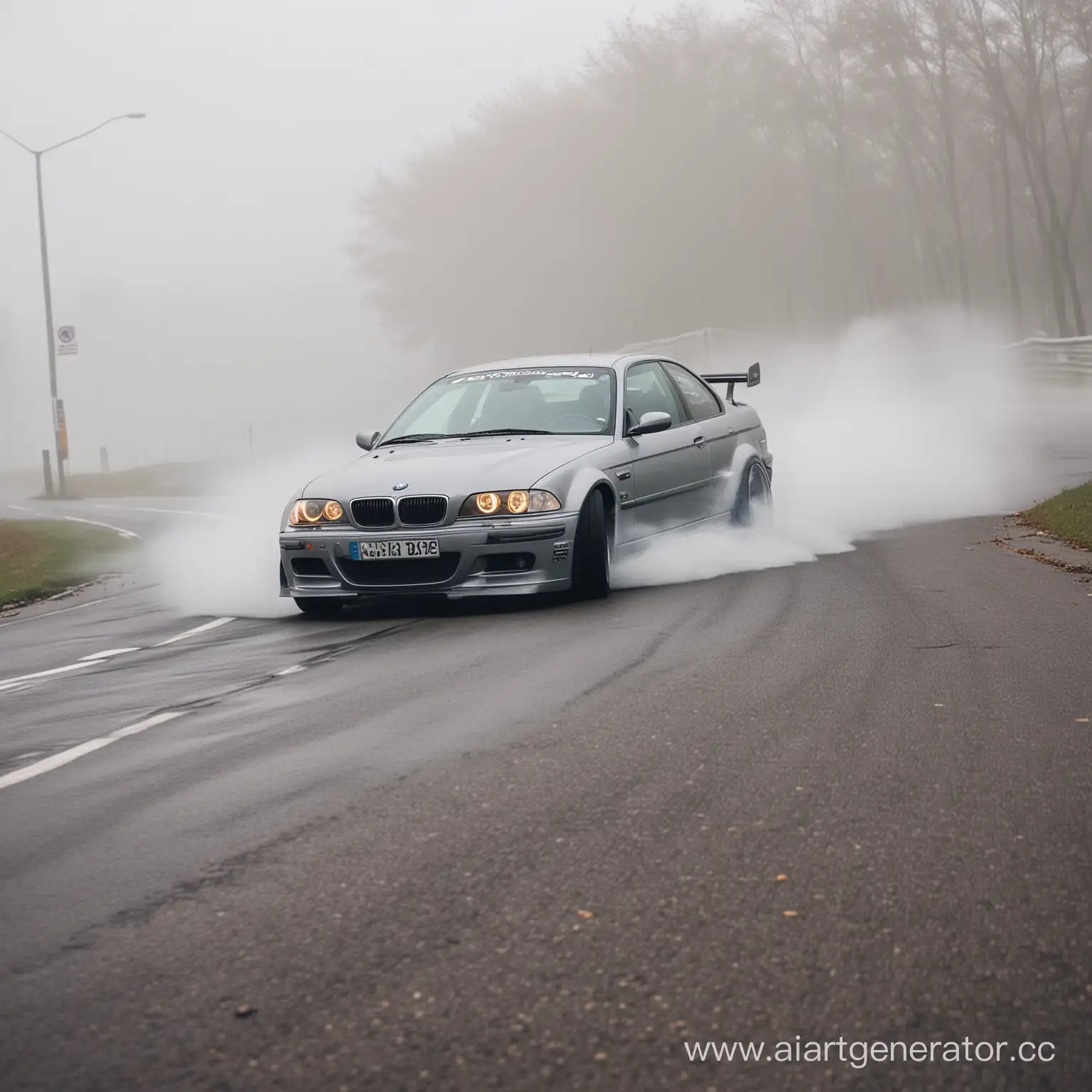 BMW e46 drifting around a corner in a fog
Make it drift more 