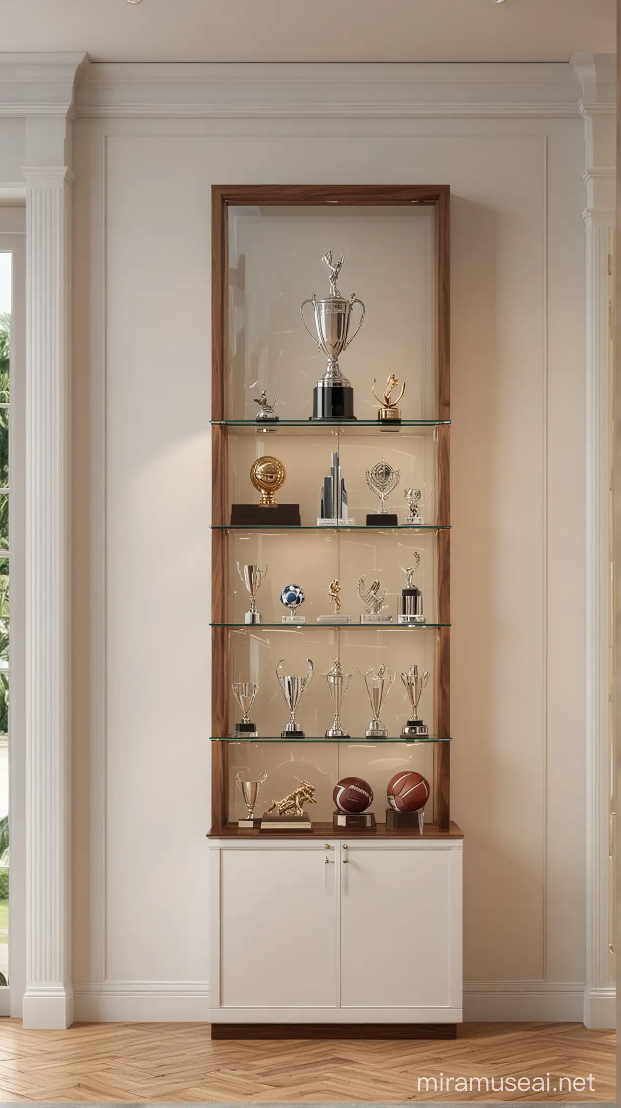 create a photorealistic image of the backdrop of Sports Trophy Room in 2020. The cabinet is made out of glass. 