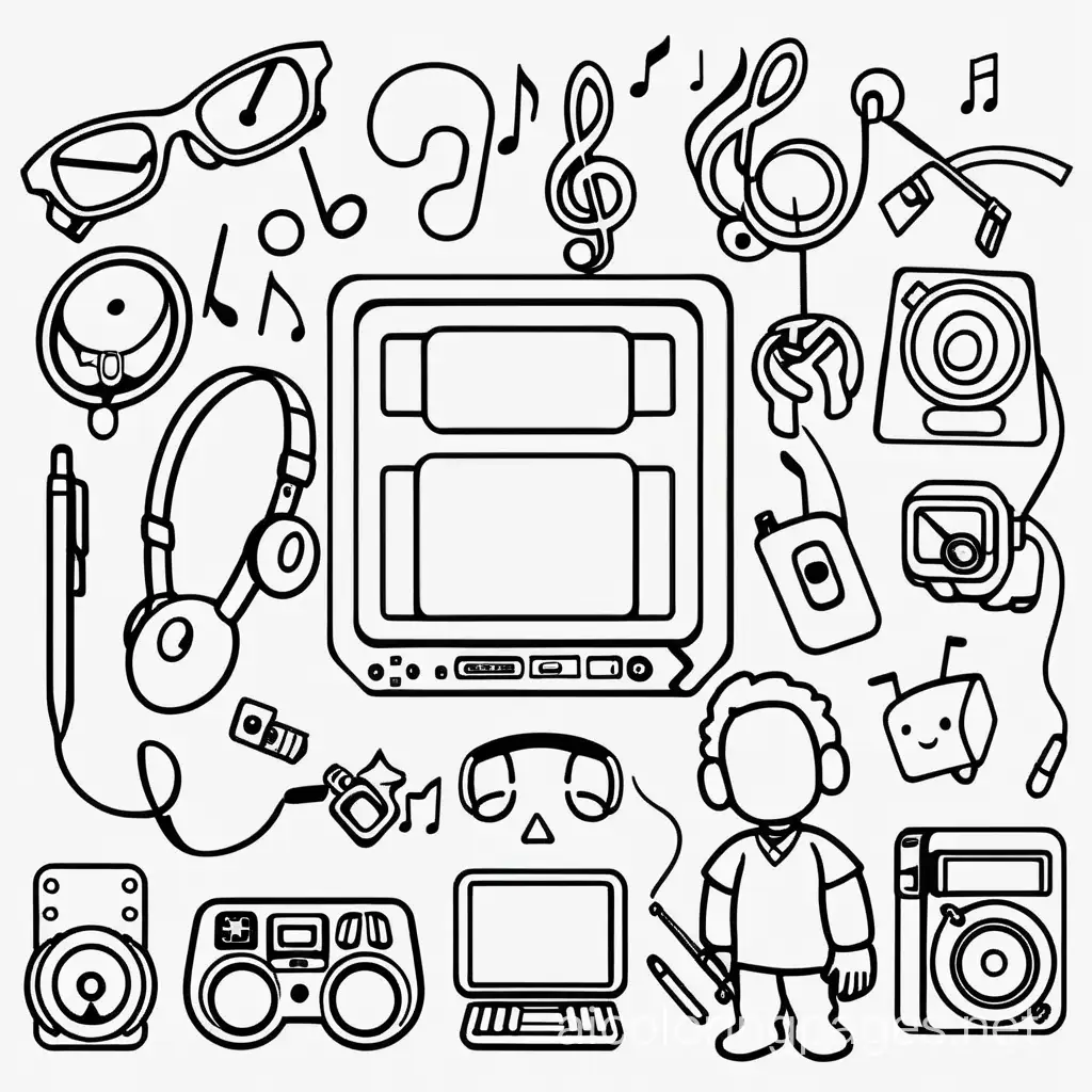 spy with gadgets 
music symbols color code
, Coloring Page, black and white, line art, white background, Simplicity, Ample White Space. The background of the coloring page is plain white to make it easy for young children to color within the lines. The outlines of all the subjects are easy to distinguish, making it simple for kids to color without too much difficulty