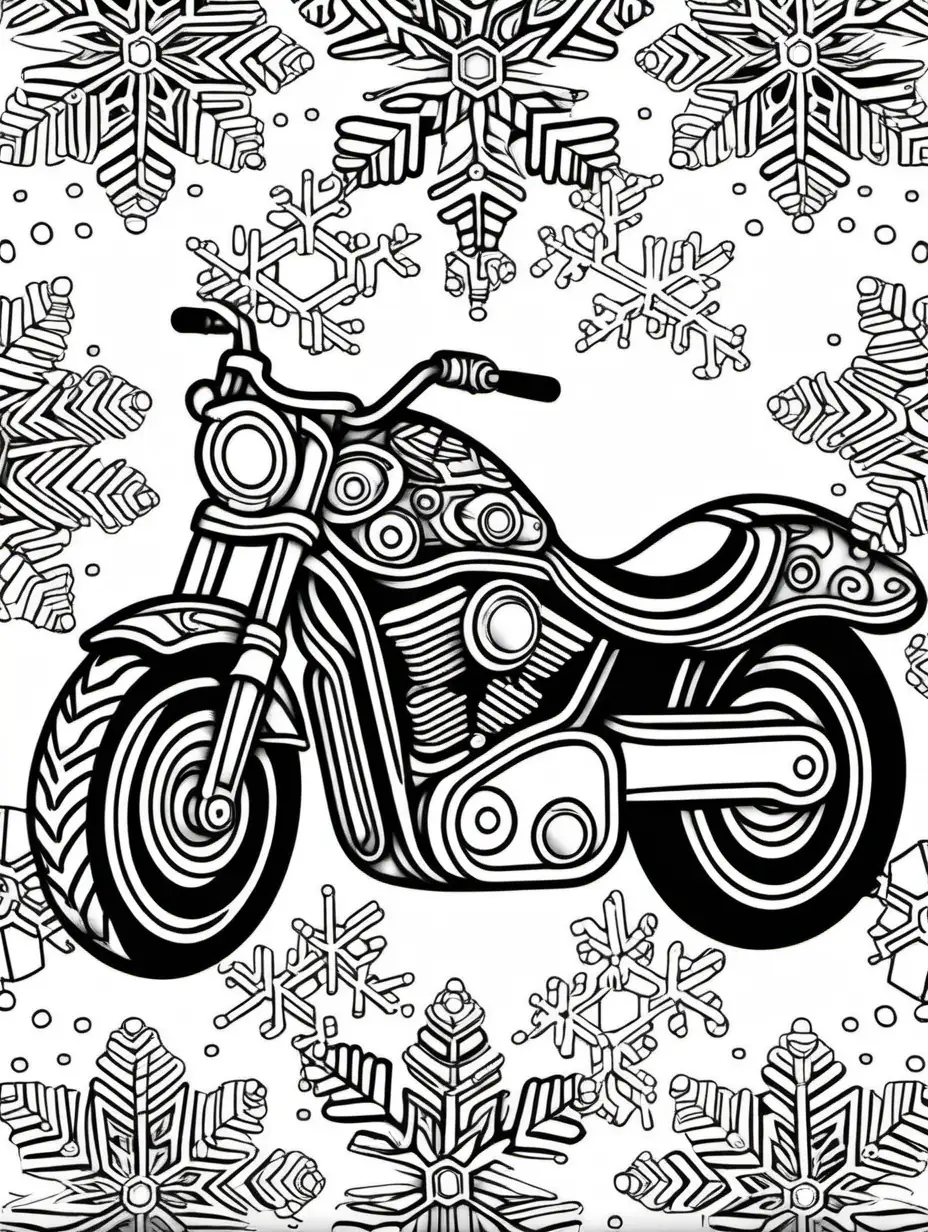 motorcycle, beautiful snowflake black and white background, adult coloring book page, clean line art, dark thick bold lines