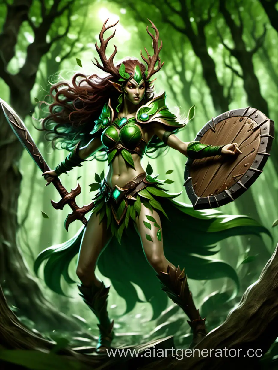 Dryad, female, warrior, graceful action pose with a root sword and bark shield, green color, concept art, league of legends