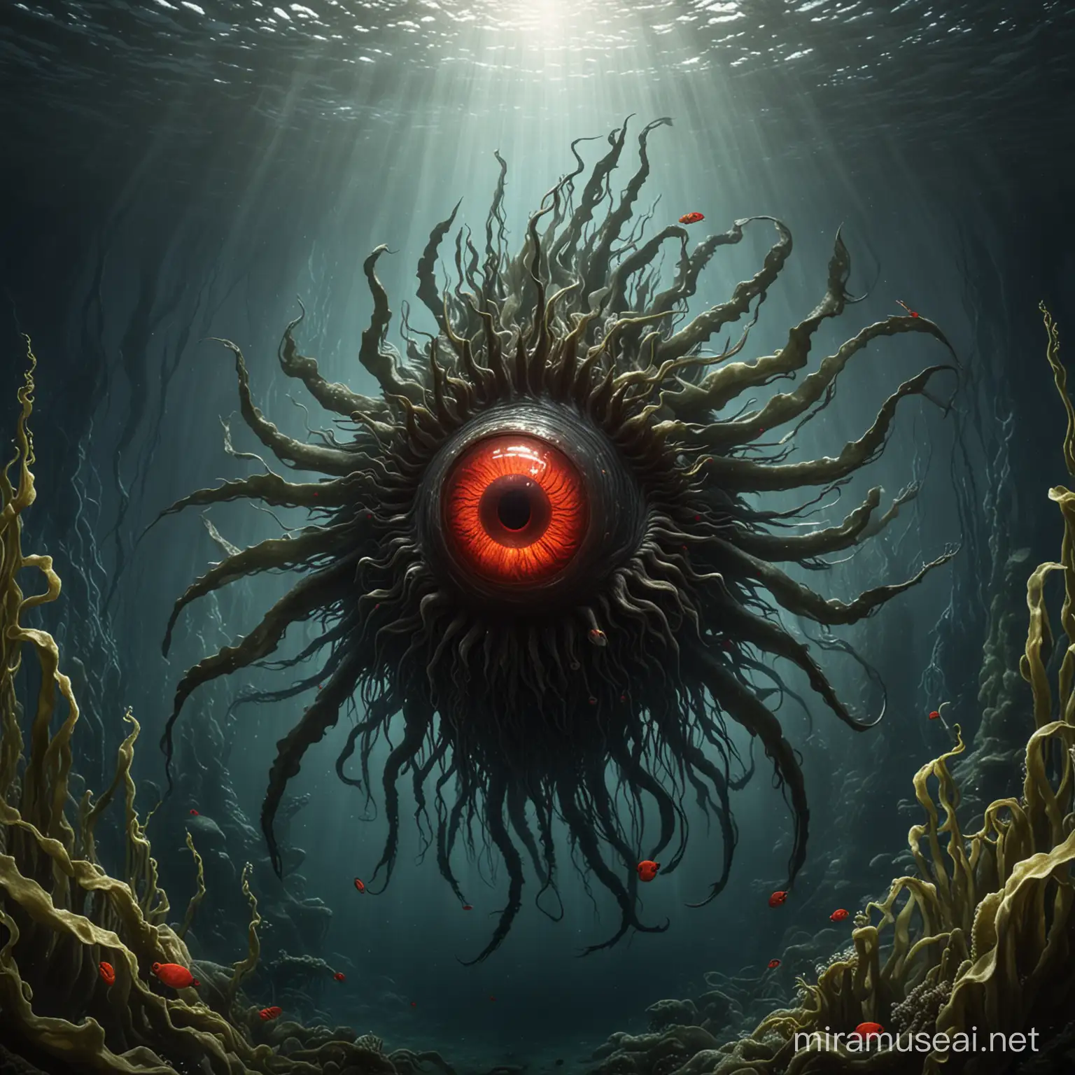 A kelp based sea monster with one giant red eye in it's center.