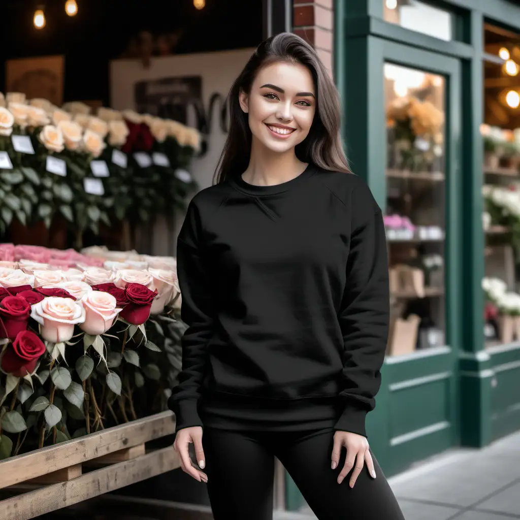 WOMAN  SEMI SMILE wearing a plain BLACK ,Gildan 18000 sweatshirt, and BLACK LEGGINGS mockup, aesthetic --s 50 OUTDOOR FLORIST SHOP IN THE BACKGROUND WITH ROSES