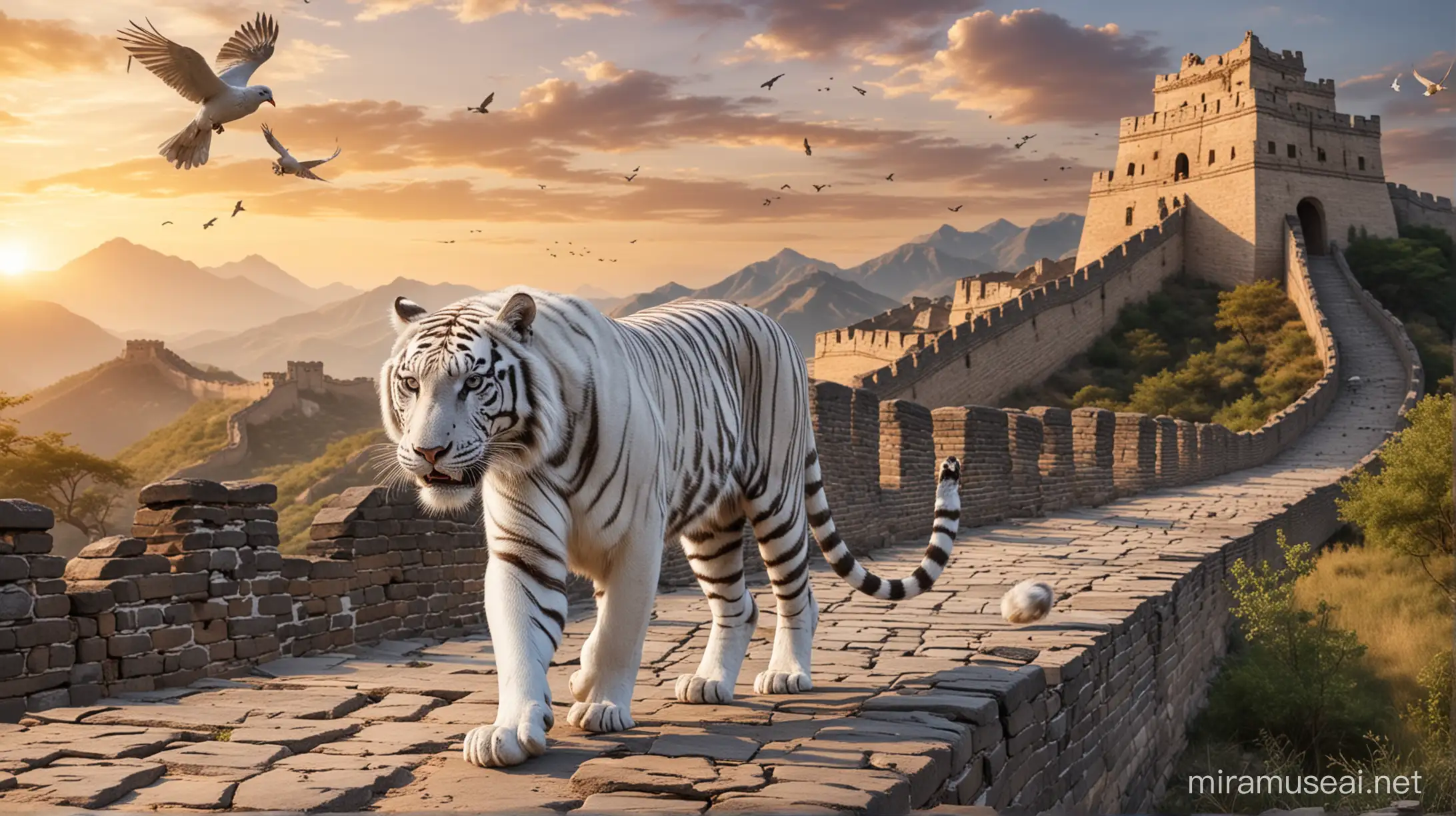 Sunset Stroll White Tiger on the Great Wall of China with Soaring Doves and Verdant Grasslands