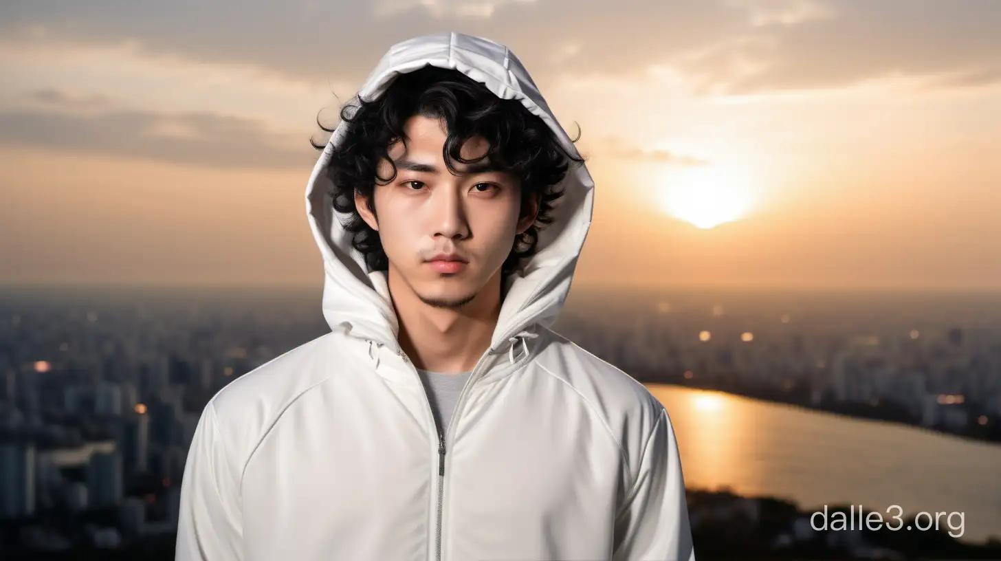 Japanese young guy with black curly hair, wearing a white sports jacket with a hood on his head, head in a hood, sunset in the background, realistic photo