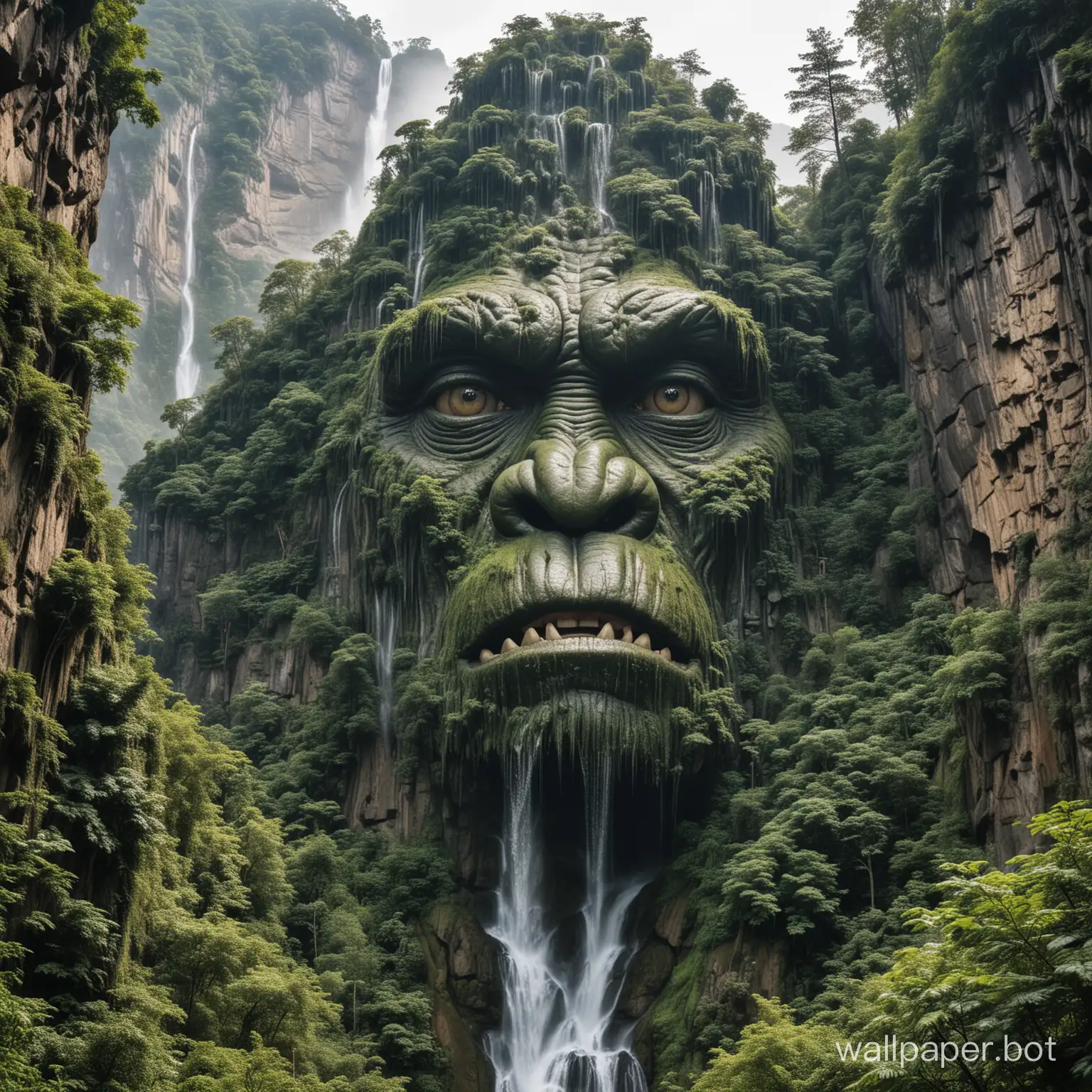 A mountain shaped like a king kong covered in trees with waterfalls coming out of the eye sockets