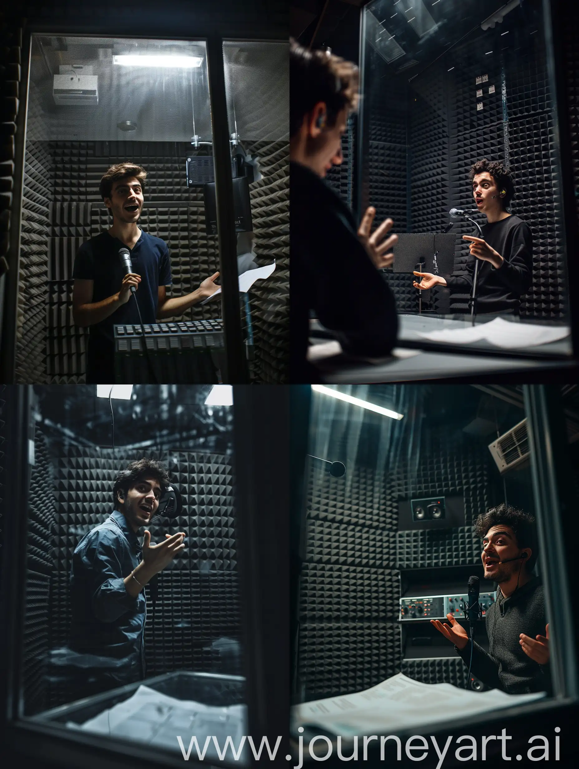 low side frontal close-up shot with a dark atmosphere of a young Italian speaker intent on speaking into the microphone in the broadcast room of a radio station. The room is very small, empty and with walls covered in sound-absorbing material. In front of the speaker there is only a large glass window that divides the room from the control room. The speaker is standing, gesticulating and looking at the camera with an amused face, holding a sheet of paper in his hand