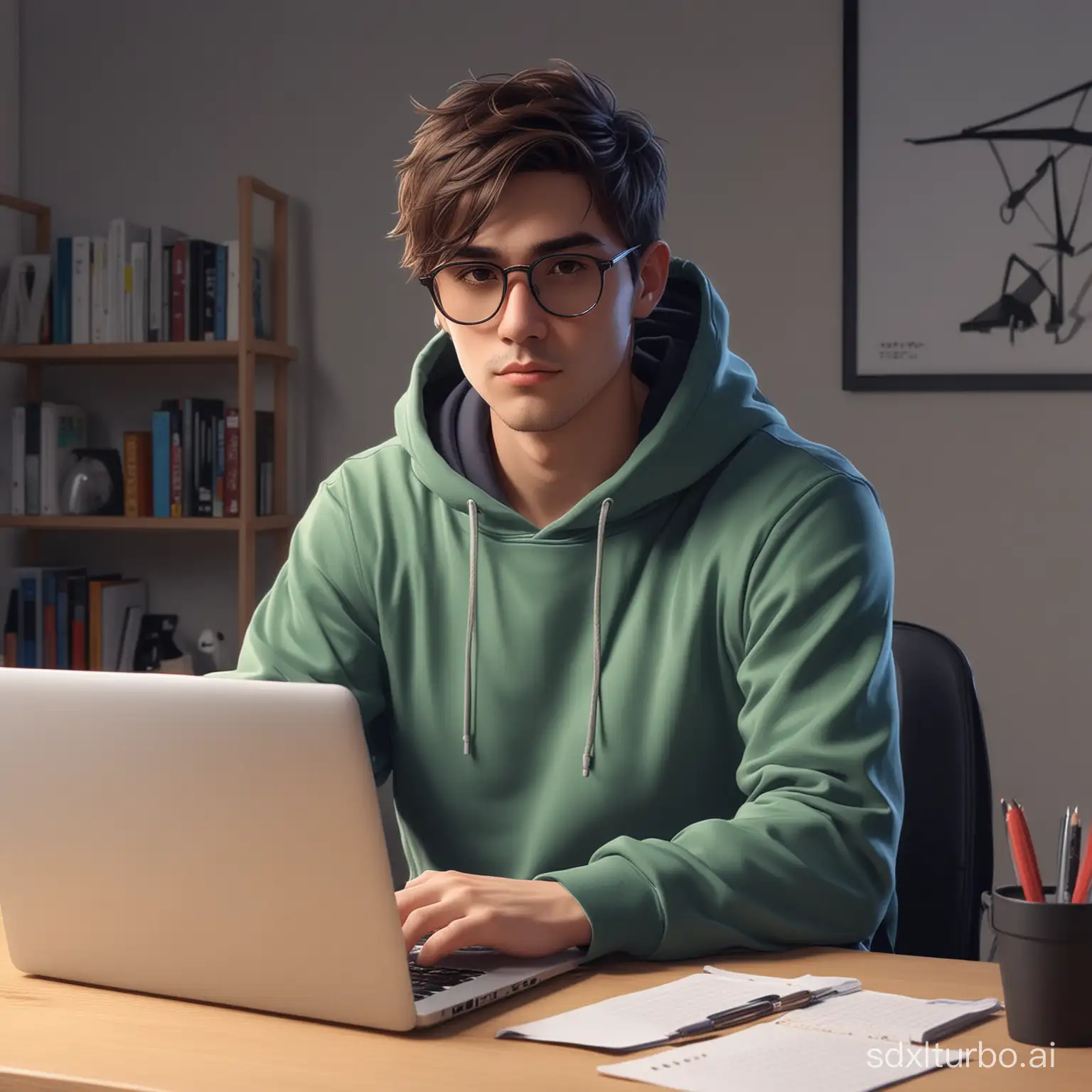 anime friendly looking male business character is wearing a hoodie and sunglasses. He is sitting behind his laptop in his studio, arms on his desk. It is night. The room is minimalistic. He is front facing to the camera, looking straight and centered, central portrait, sitting straight, front view, centered looking straight. The overall ambiance of the image should convey a connection to minimalism, flat illustration, bold line, minimalism, simplified, gouache illustration. 8k resolution