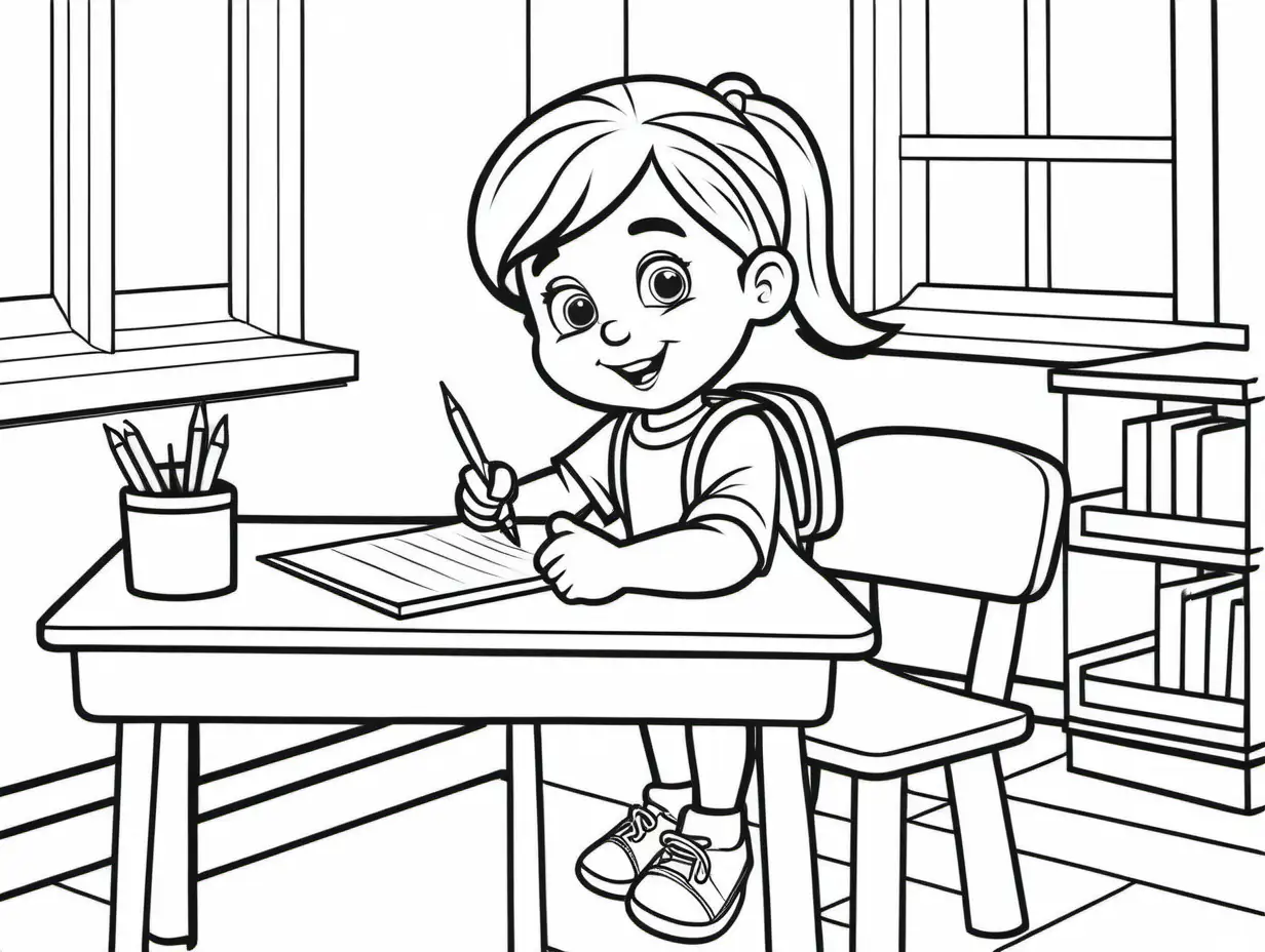cartoon coloring page for kids, student practicing handwriting at desk