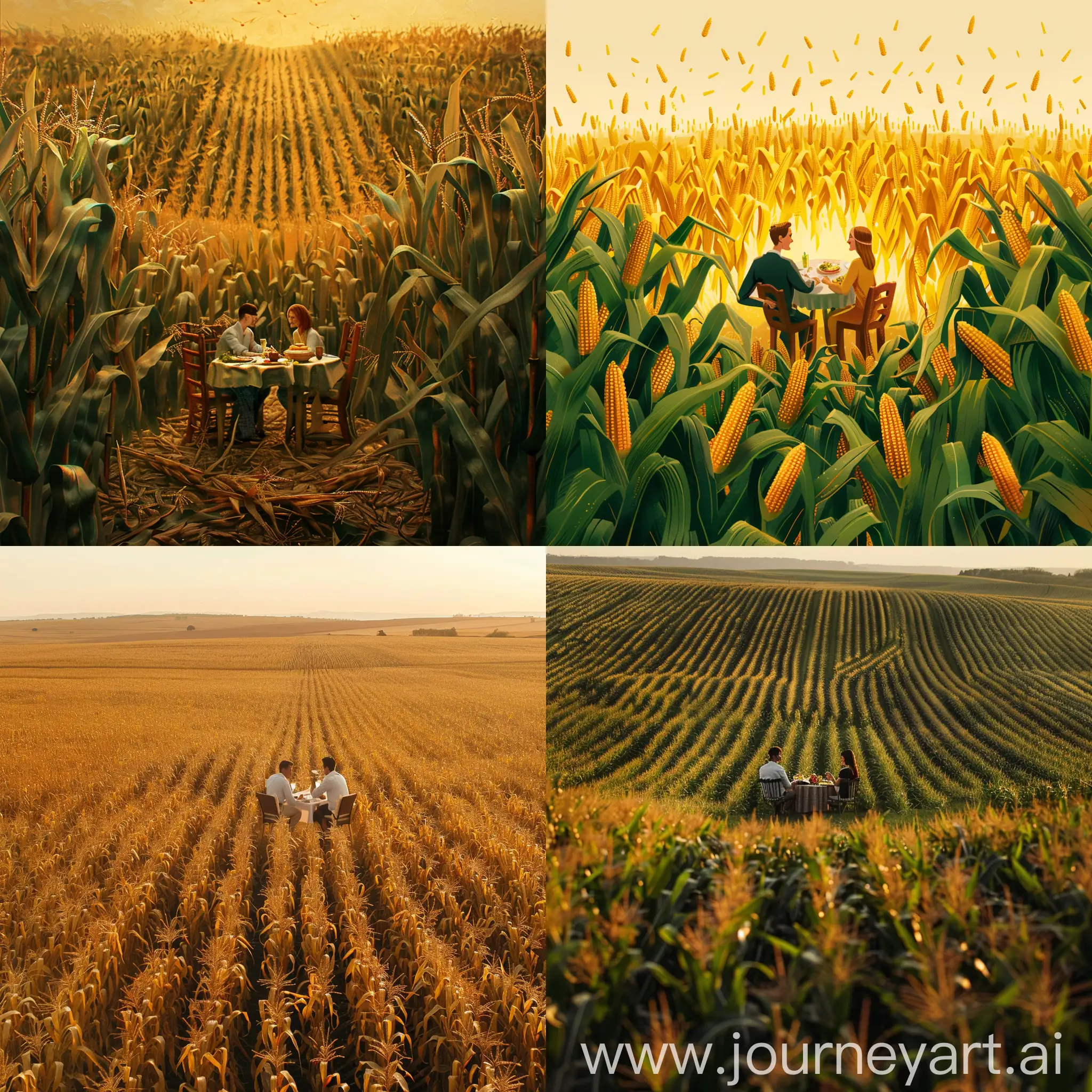 A beautiful field of corn and in the middle a happy couple at a table having dinner