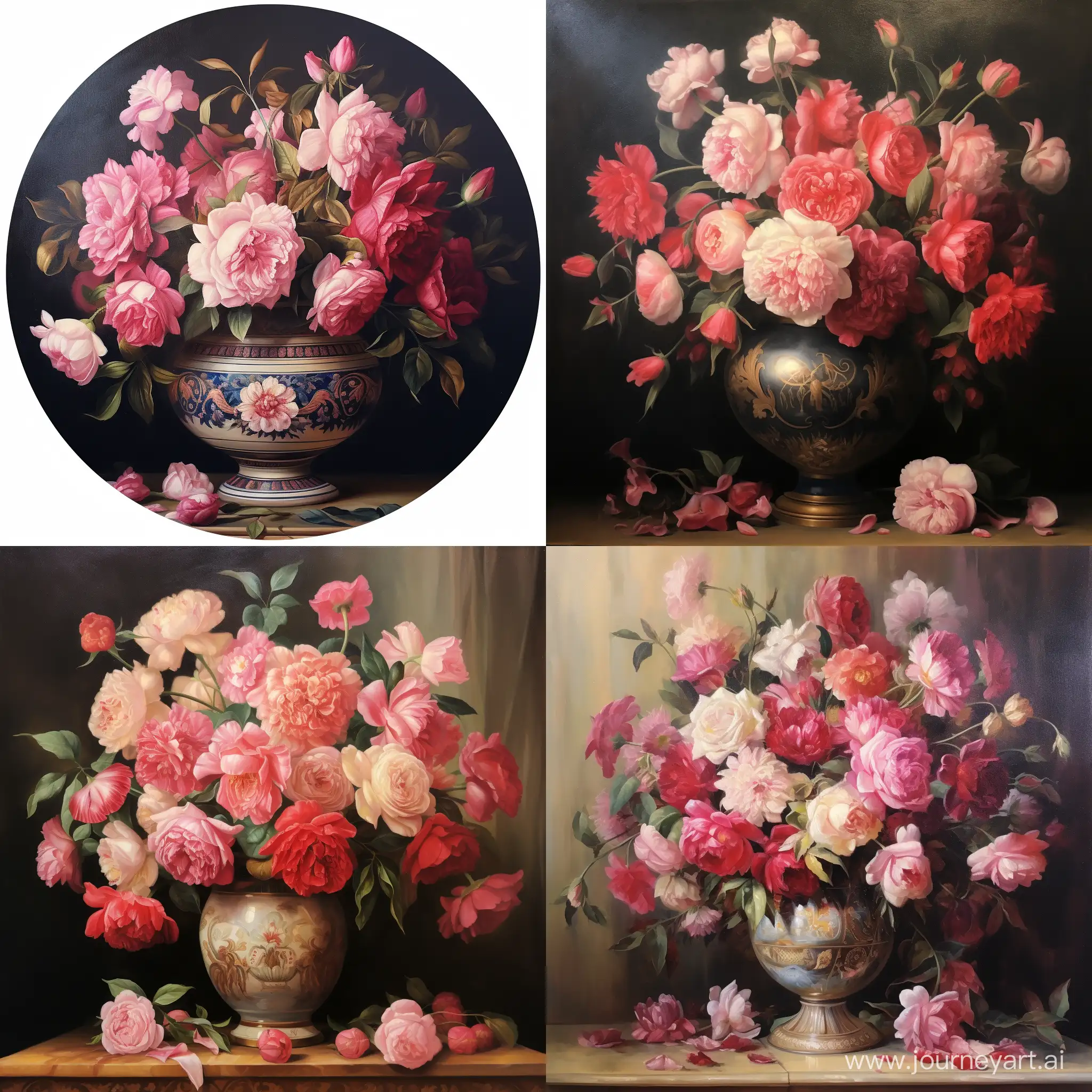 a painting of flamboyant roses in a vase, in the style of vignettes of paris, soft shading, 19th century, fine art